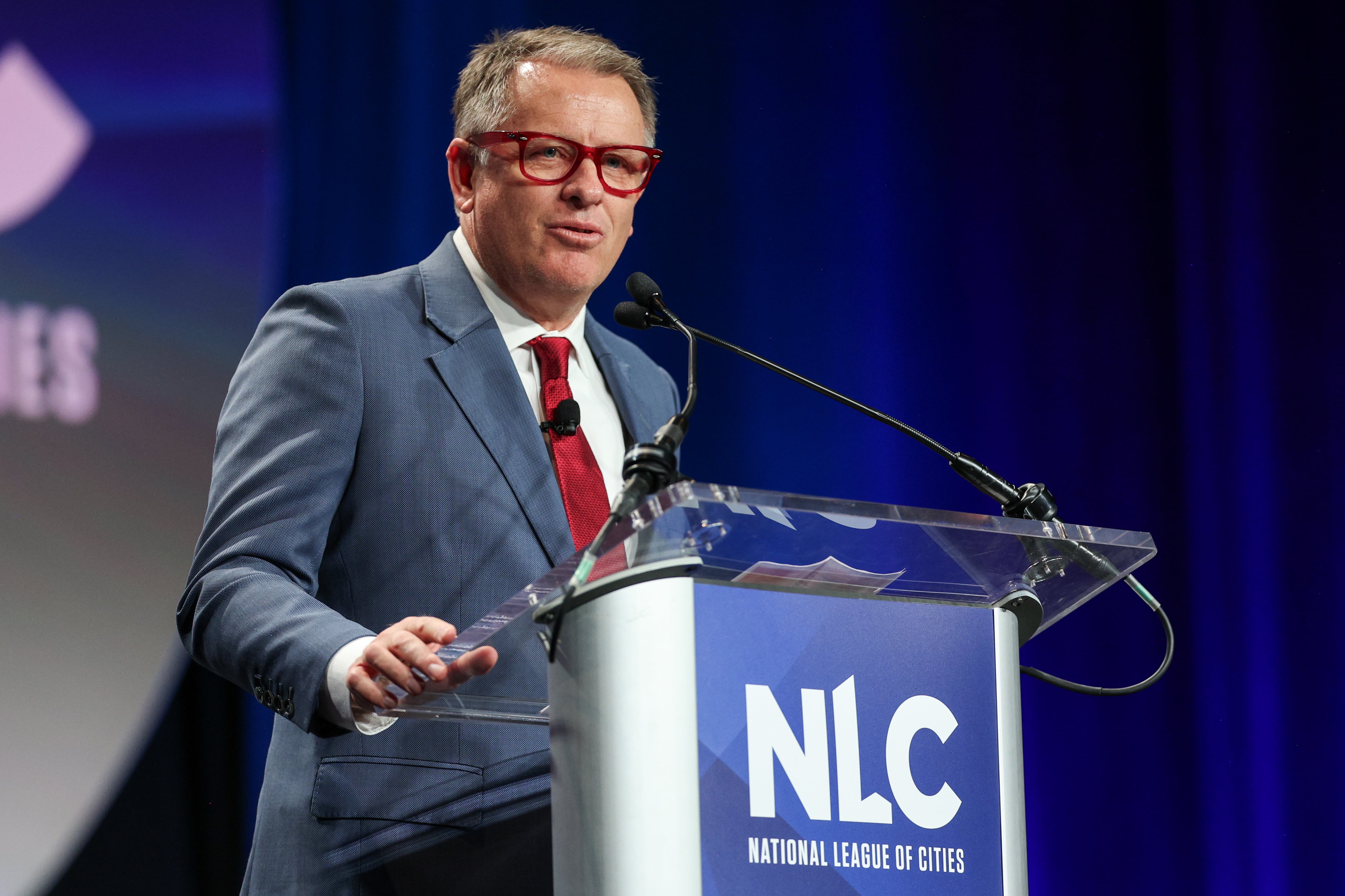 University of Utah President Taylor Randall speaks, Friday, at the National League of Cities’ 2025 City Summit in Salt Lake City. Randall was joined by Tim Shriver, New Mexico Gov. Michelle Lujan Grisham, and Utah Gov. Spencer Cox.