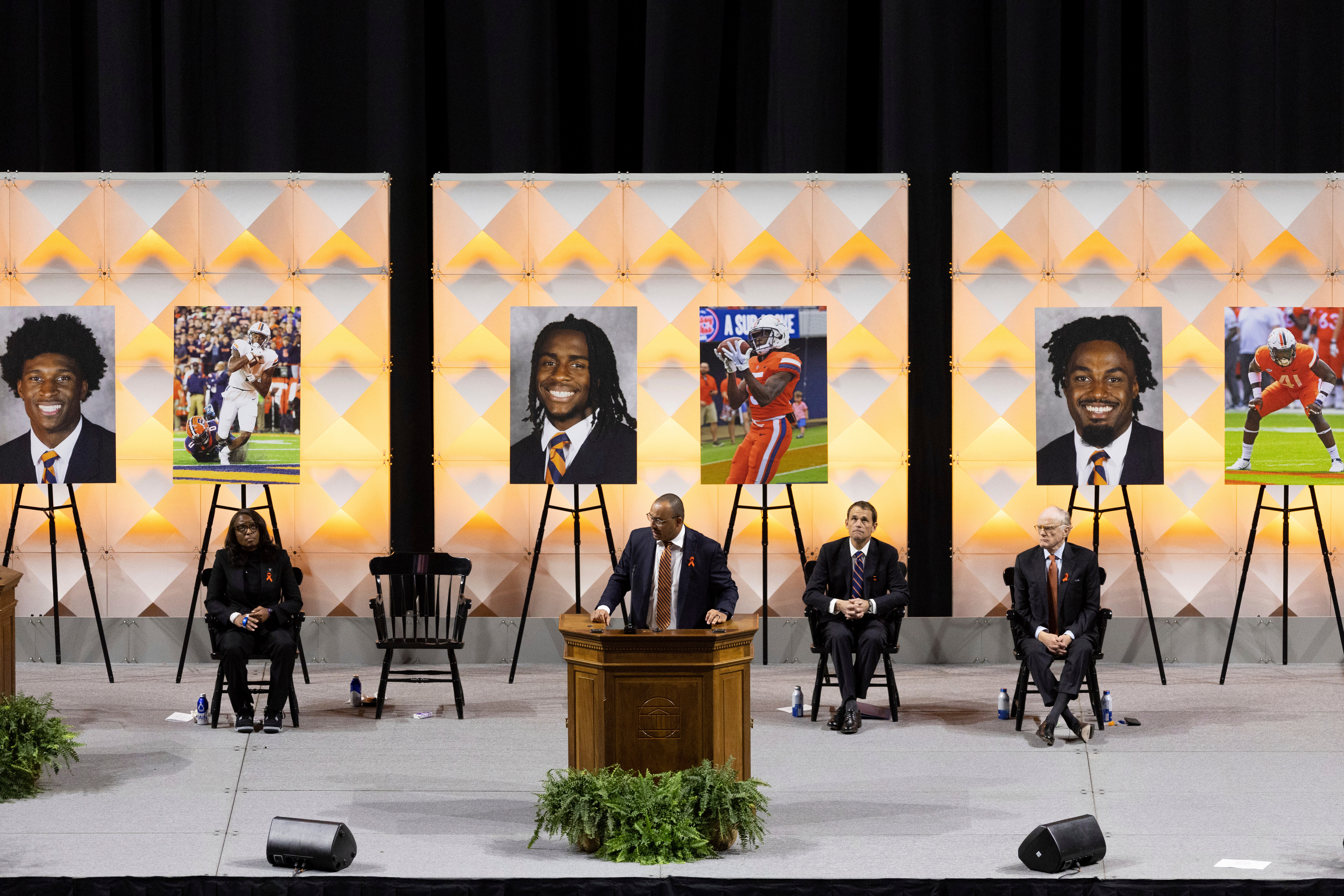 FILE - University of Virginia head football coach Tony Elliott speaks at a memorial service for three football players that were fatally shot, in Charlottesville, Va., Nov. 19, 2022. 