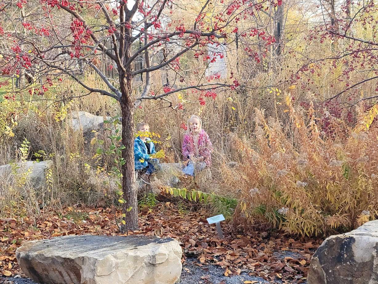 Sóley and Theo Gulledge, children of Lesley Gulledge, play at the Tracy Aviary Nature Center during the announcement ceremony for a new nature-based preschool in South Salt Lake on Friday.