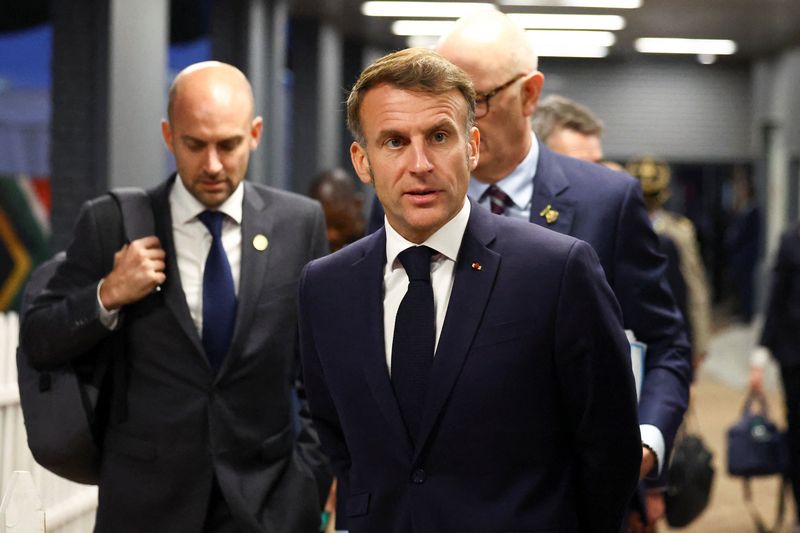 France’s President Emmanuel Macron arrives to speak with members of the media on the sidelines of the G20 Leaders' Summit in Johannesburg, South Africa, Saturday. Macron said any peace plan for the war in Ukraine needed to include "security for all Europeans."