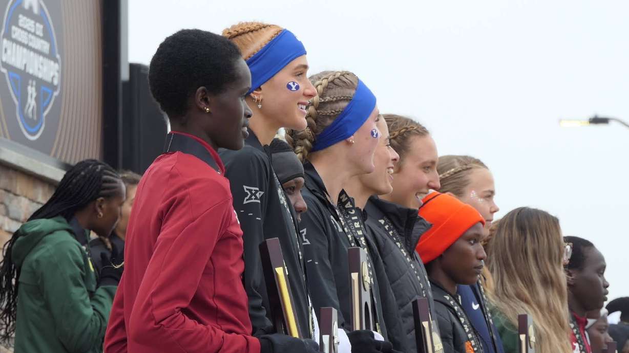BYU's Jane Hedengren and Riley Chamberlain at the NCAA cross country championships, Saturday, Nov. 22, 2025 at Gans Creek cross country course in Columbia, Missouri.