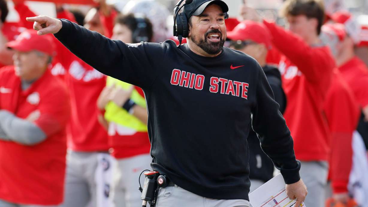 Ohio State head coach Ryan Day shouts to his team against Rutgers during the first half of an NCAA college football game, Saturday, Nov. 22, 2025, in Columbus, Ohio.