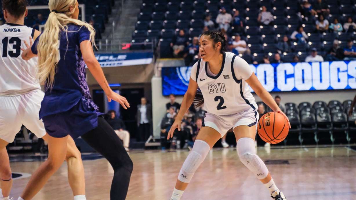 Sydney Benally dribbles the ball for BYU in matchup against Weber State.