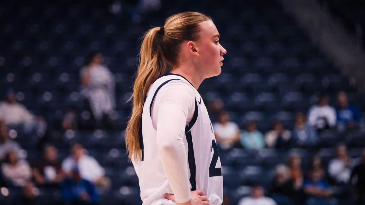 BYU's Brinley Cannon looks on during a women's college basketball game between BYU and Weber State, Saturday, Nov. 22, 2025 at the Marriott Center in Provo, Utah.