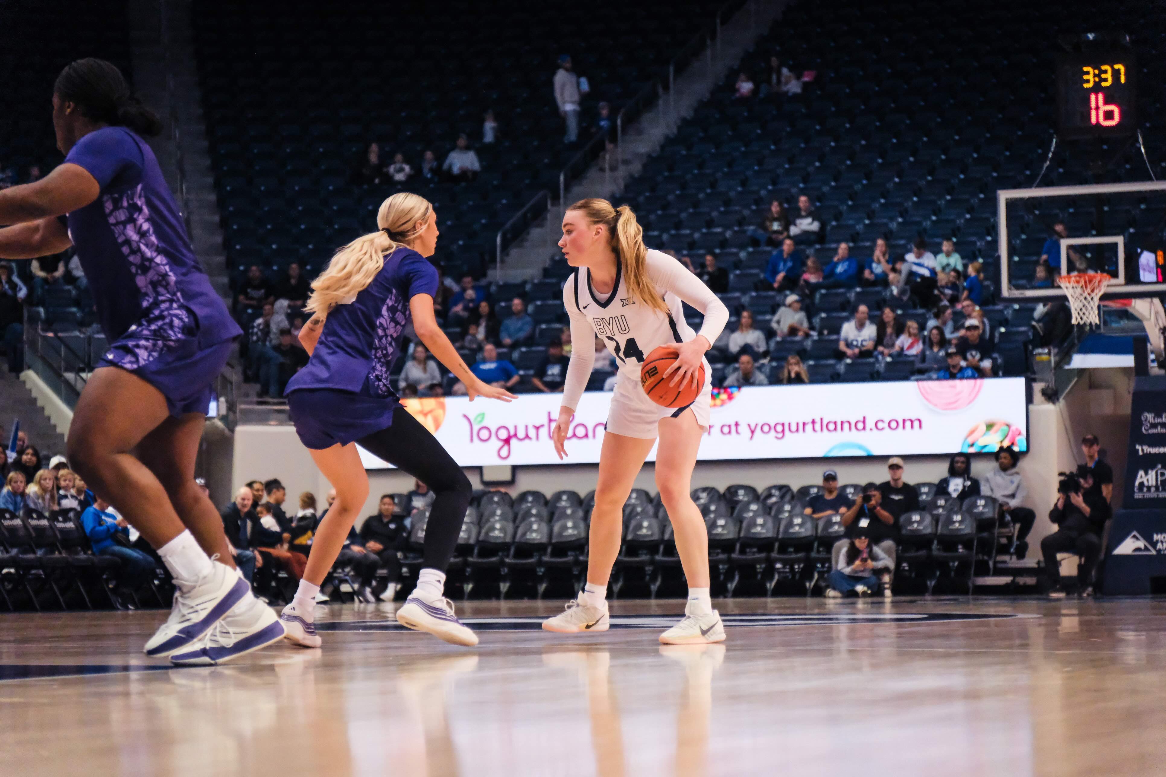 BYU's Brinley Cannon dribbles the ball during a women's college basketball game between BYU and Weber State, Saturday, Nov. 22, 2025 at the Marriott Center in Provo, Utah.