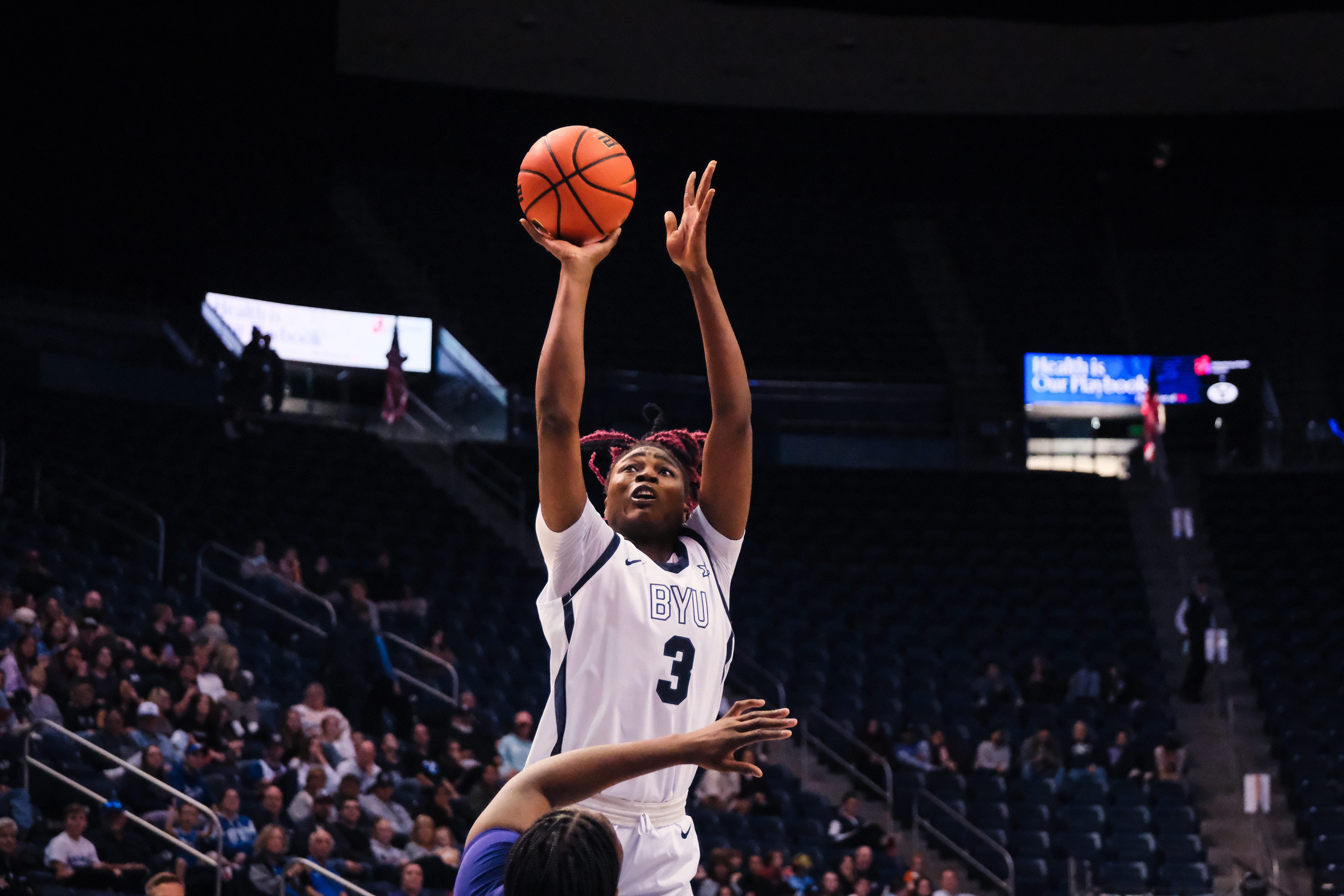 BYU freshman Bolanle Yussuf takes a shot during a women's college basketball game against Weber State, Saturday, Nov. 22, 2025 at the Marriott Center in Provo, Utah.