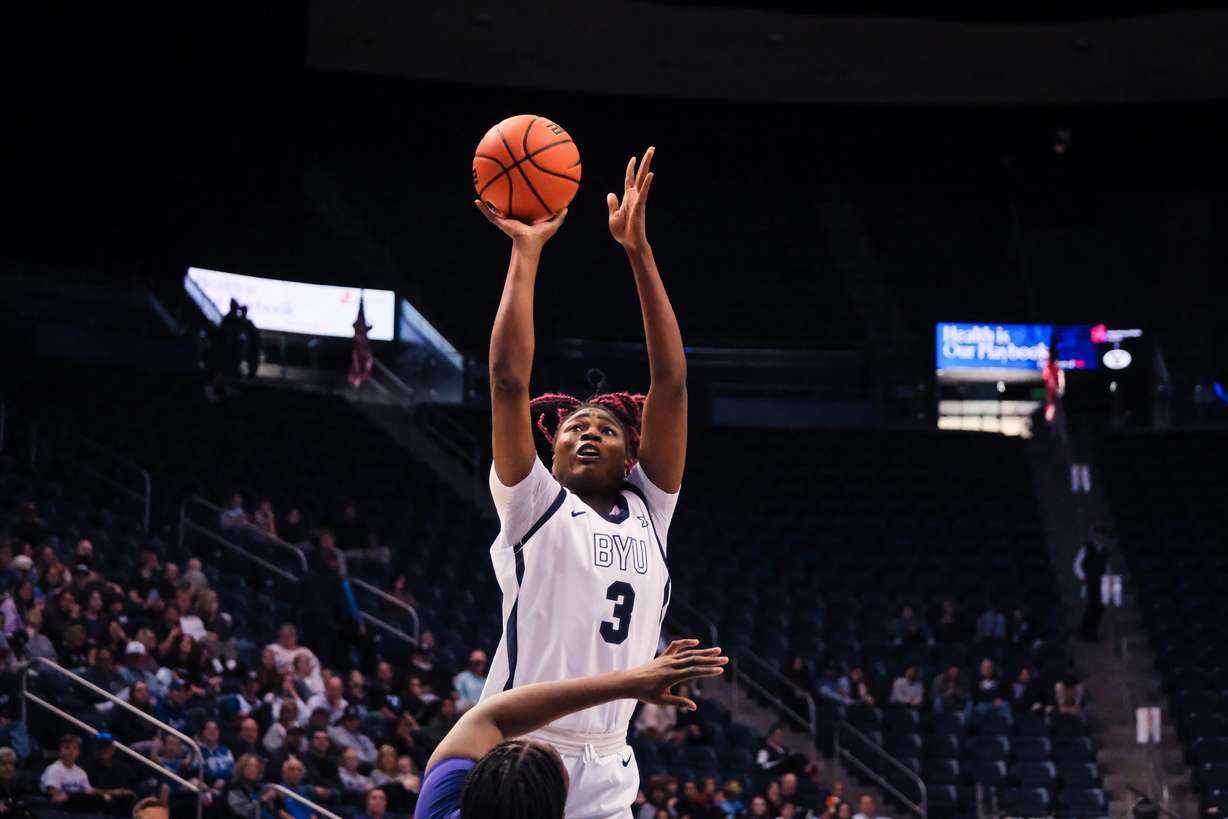 BYU freshman Bolanle Yussuf takes a shot during a women's college basketball game against Weber State, Saturday, Nov. 22, 2025 at the Marriott Center in Provo, Utah.
