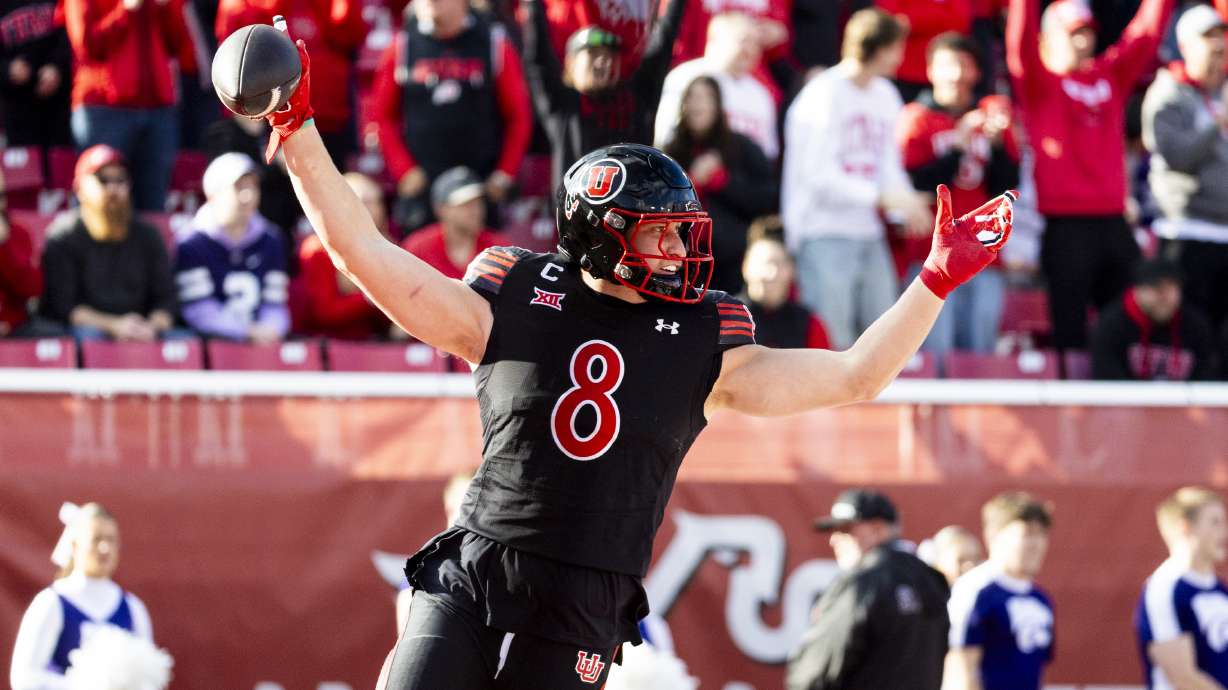 Utah linebacker Lander Barton (8) celebrates after a play against the Kansas State Wildcats during an NCAA football game held at Rice-Eccles Stadium in Salt Lake City on Saturday, Nov. 22, 2025.