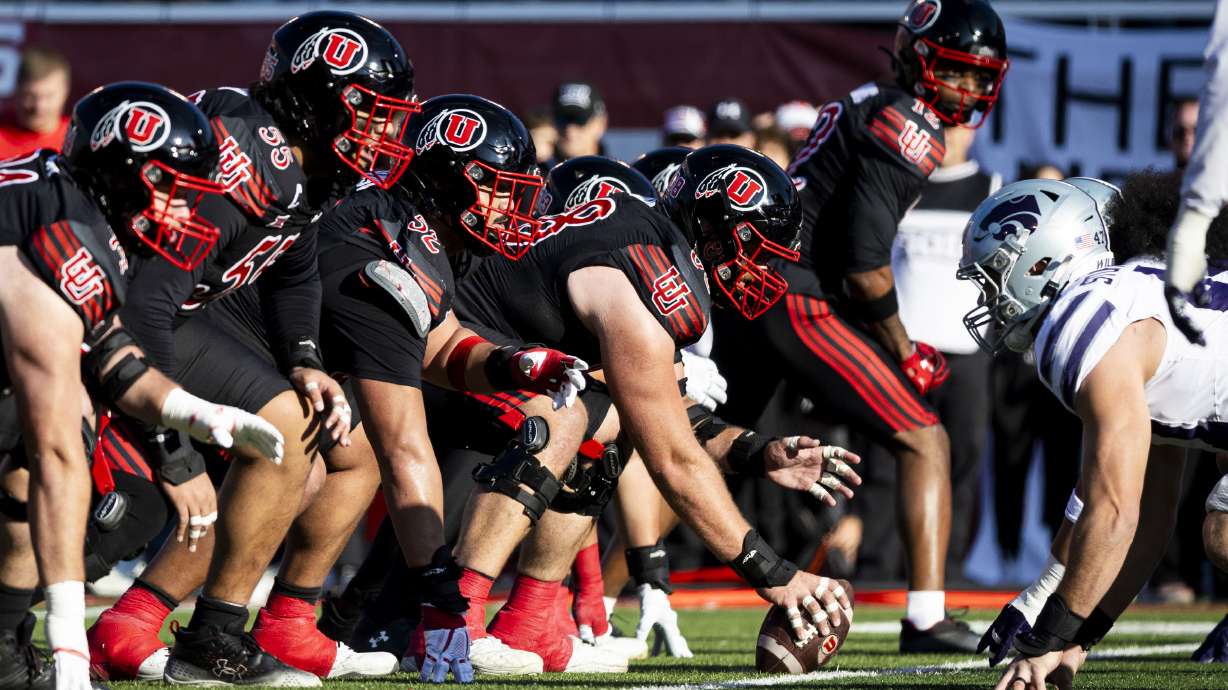Utah offensive lineman Jaren Kump (68) and the rest of the offensive line prepare for the snap against the Kansas State Wildcats during an NCAA football game held at Rice-Eccles Stadium in Salt Lake City on Saturday, Nov. 22, 2025.