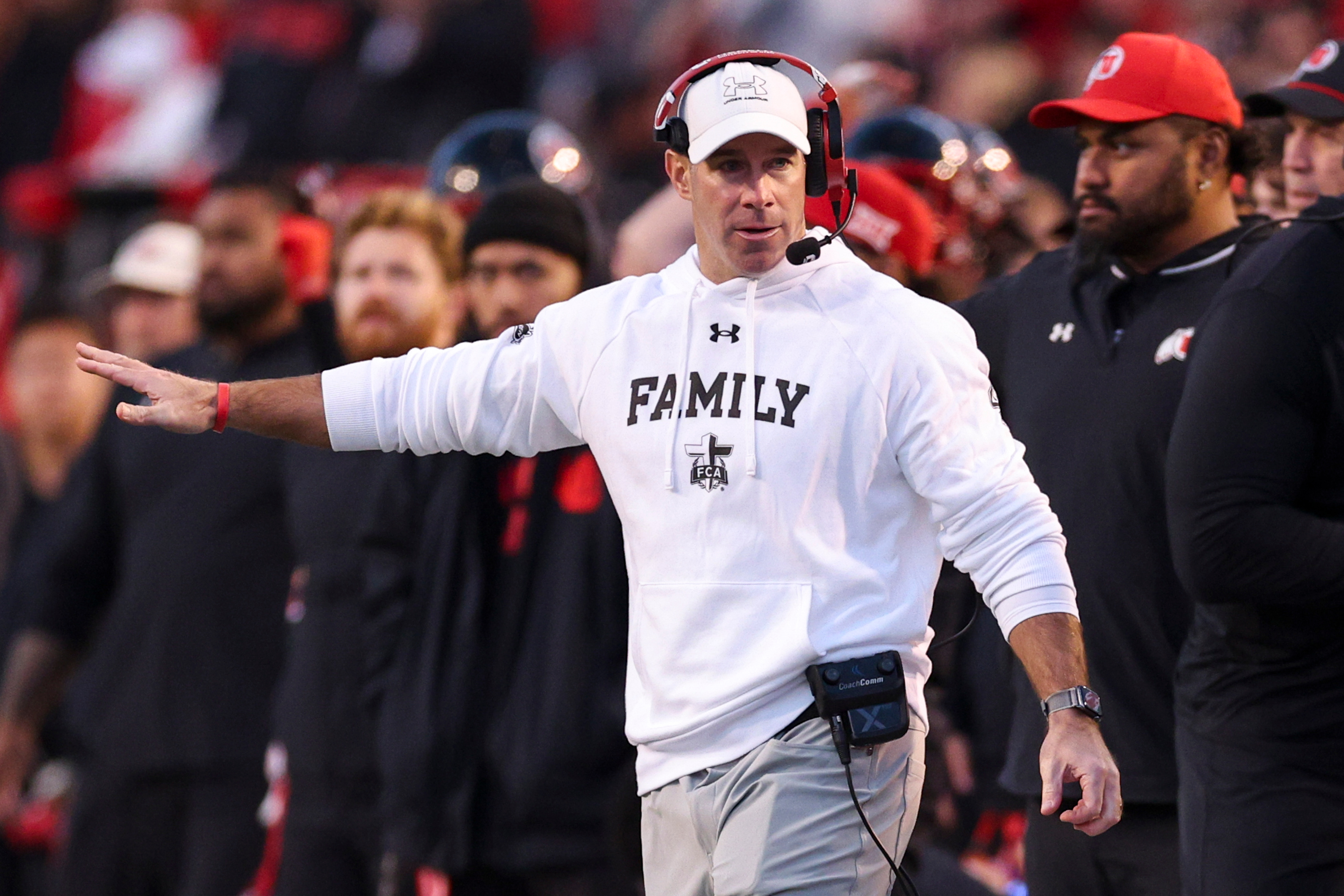 Utah defensive coordinator Morgan Scalley gestures to his players during the second half of an NCAA football game against the Kansas State Wildcats held at Rice-Eccles Stadium in Salt Lake City on Saturday, Nov. 22, 2025.