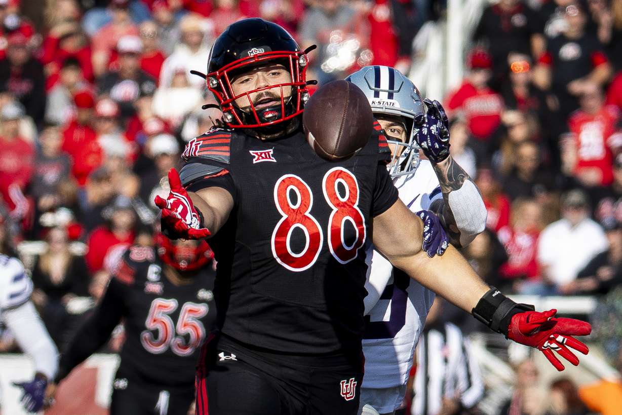 Utah tight end Dallen Bentley (88) can’t quite reel in a catch as he’s guarded by Kansas State Wildcats safety Gunner Maldonado (3) during an NCAA football game held at Rice-Eccles Stadium in Salt Lake City on Saturday, Nov. 22, 2025. Pass interference was called on Kansas State on this play.