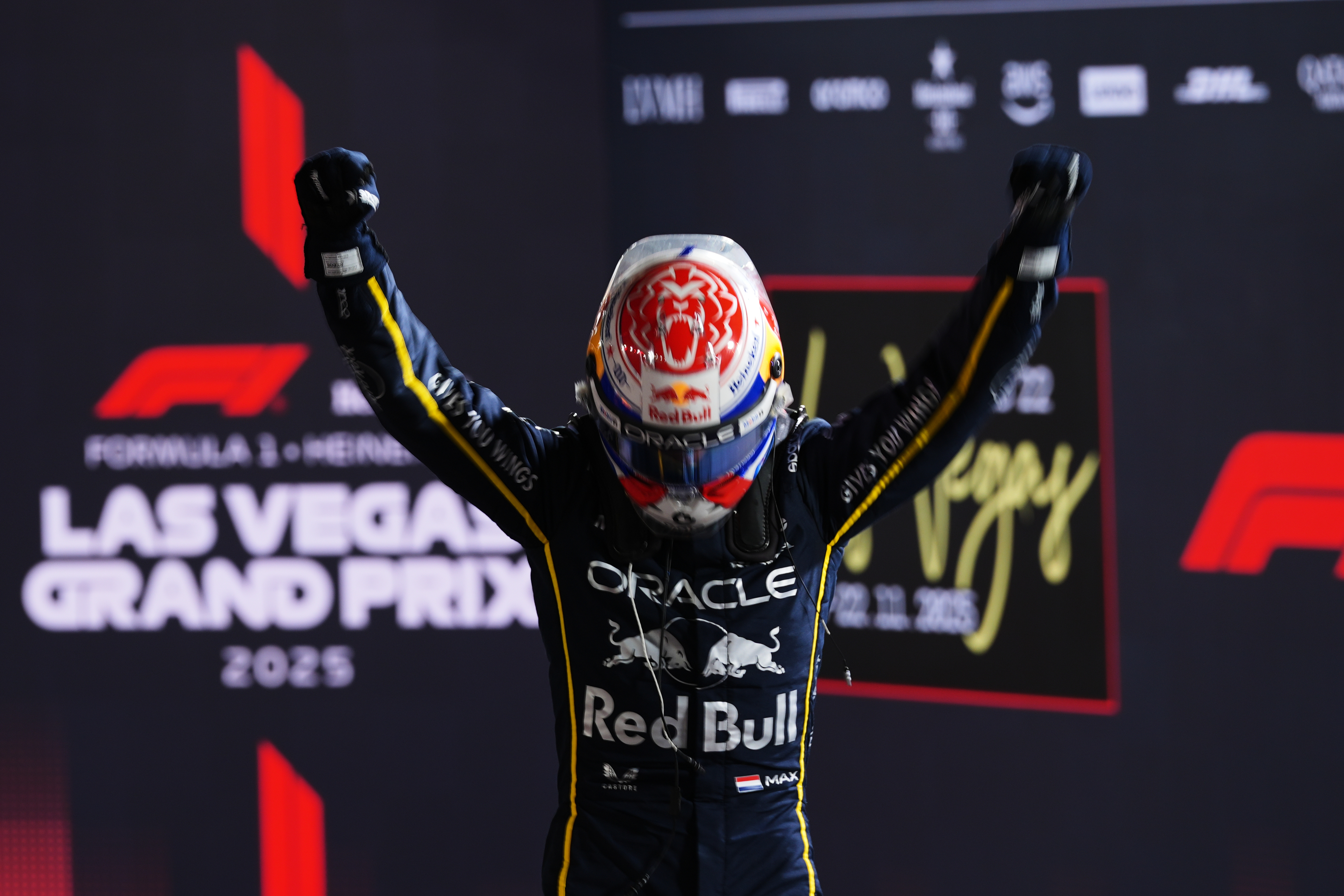 First place finisher Red Bull driver Max Verstappen of the Netherlands celebrates after the Formula One Las Vegas Grand Prix auto race, Saturday, Nov. 22, 2025 in Las Vegas.