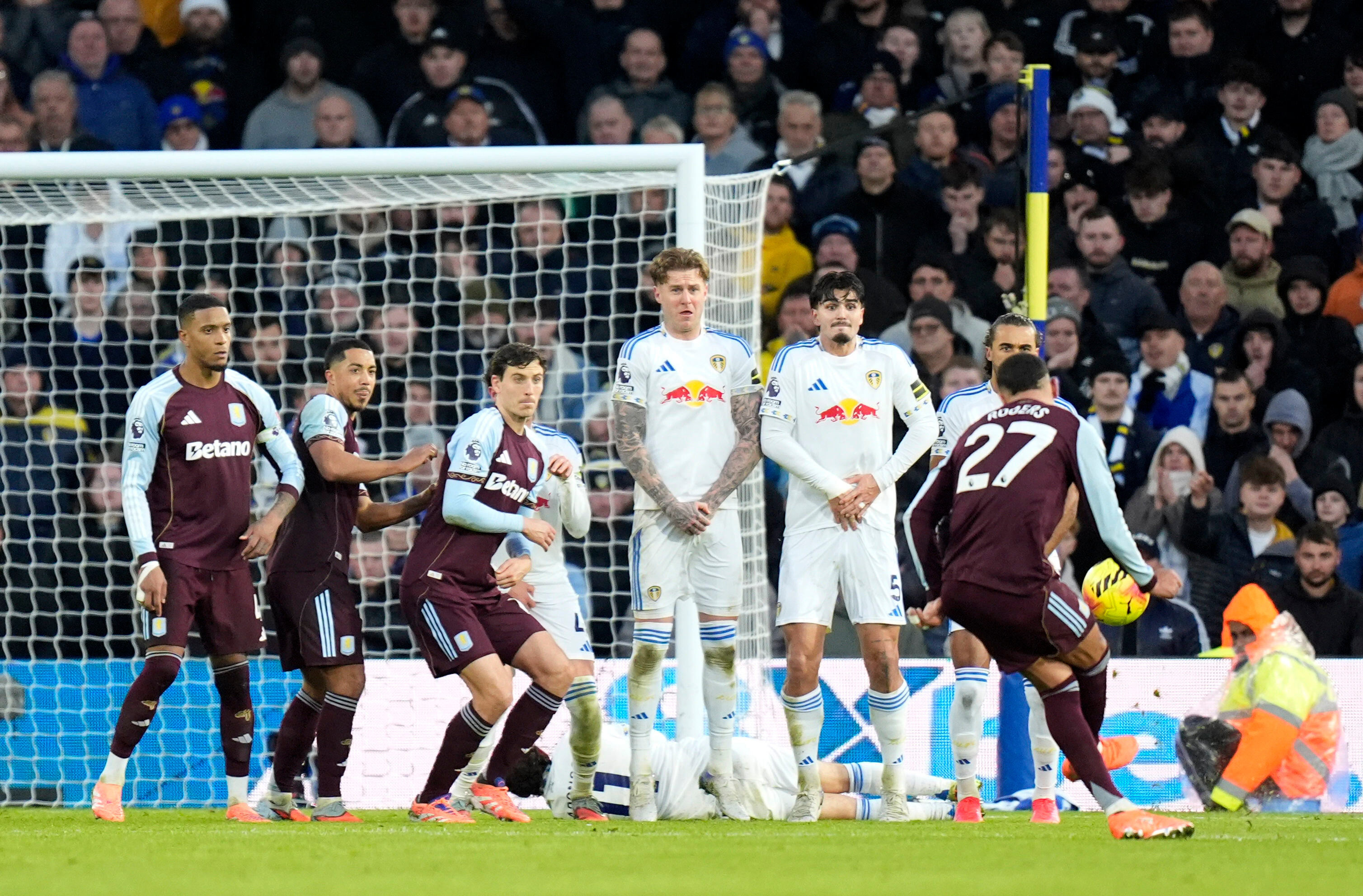 Aston Villa's Morgan Rogers scores their side's second goal of the game during the Premier League match between Leeds and Aston Villa in Leeds, England, Sunday, Nov. 23, 2025.