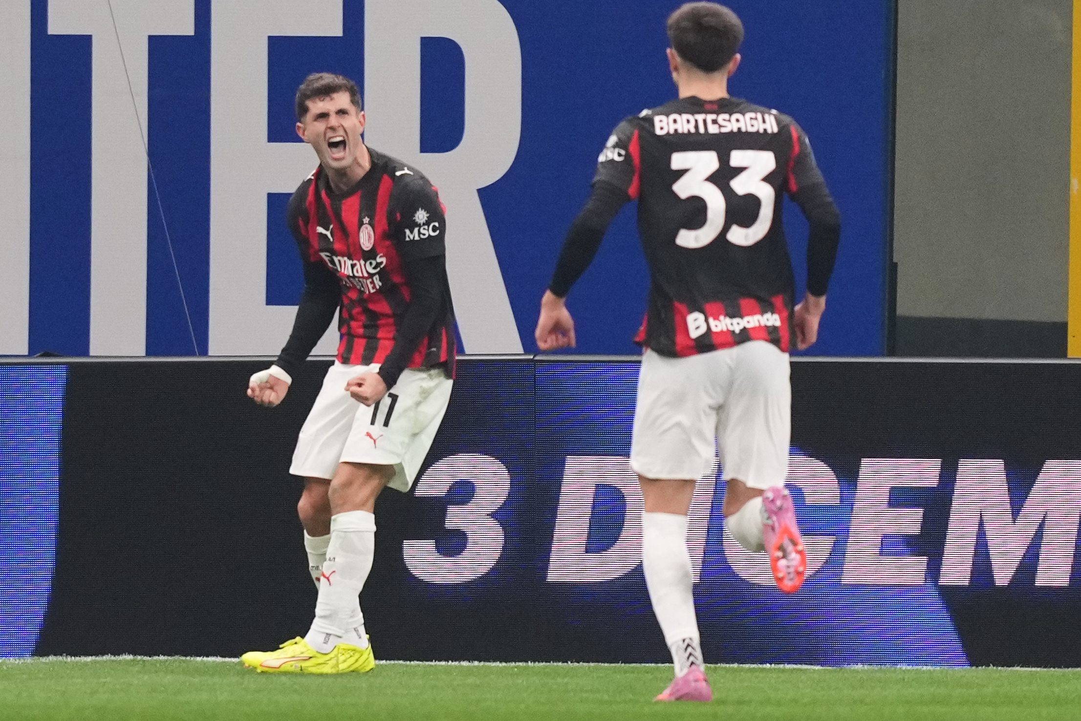 AC Milan's Christian Pulisic celebrates after scoring during the Serie A soccer match between Inter Milan and AC Milan in Milan, Italy, Sunday, Nov. 23, 2025. 