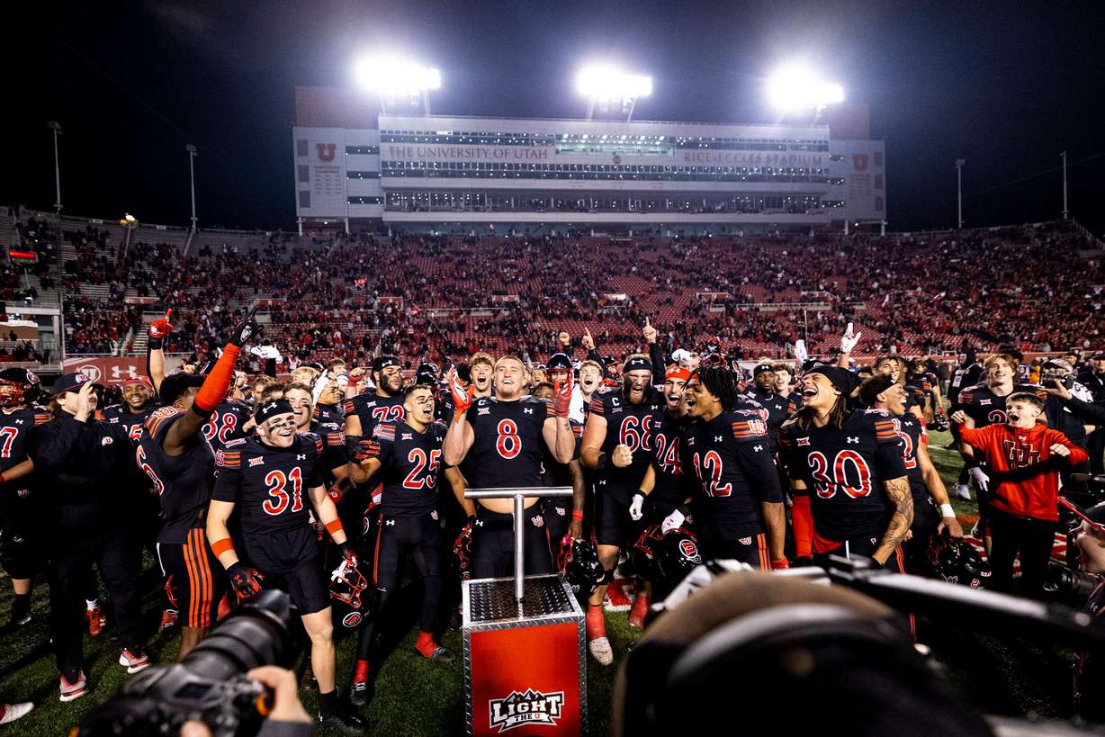 Utah linebacker Lander Barton (8) celebrates after “lighting the U” after Utah defeated Kansas State 51-47 in an NCAA football game held at Rice-Eccles Stadium in Salt Lake City on Saturday.