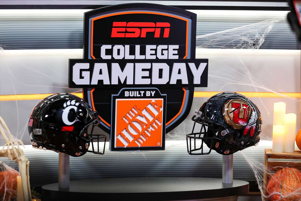 The set of ESPN’s “College GameDay” is dressed with cobwebs and other festive props for Halloween weekend in the President's Circle at the University of Utah in Salt Lake City on Nov. 1.