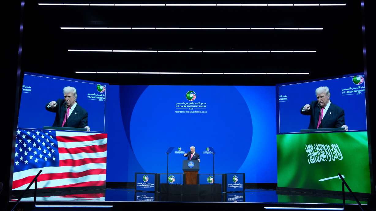 President Donald Trump speaks during the Saudi Investment Forum at the Kennedy Center, Wednesday, in Washington.