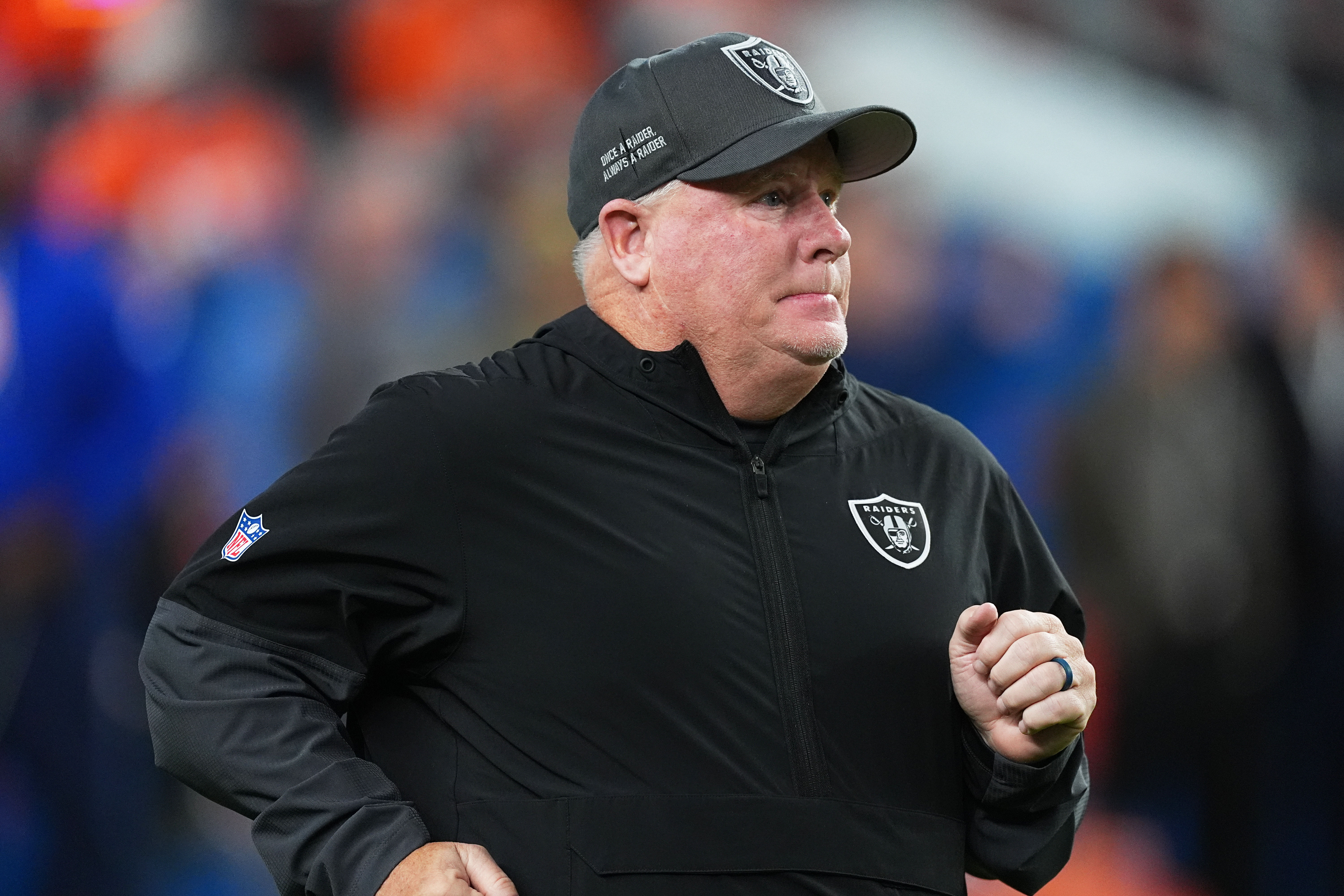 FILE - Las Vegas Raiders offensive coordinator Chip Kelly before an NFL football game Thursday, Nov. 6, 2025, in Denver. 