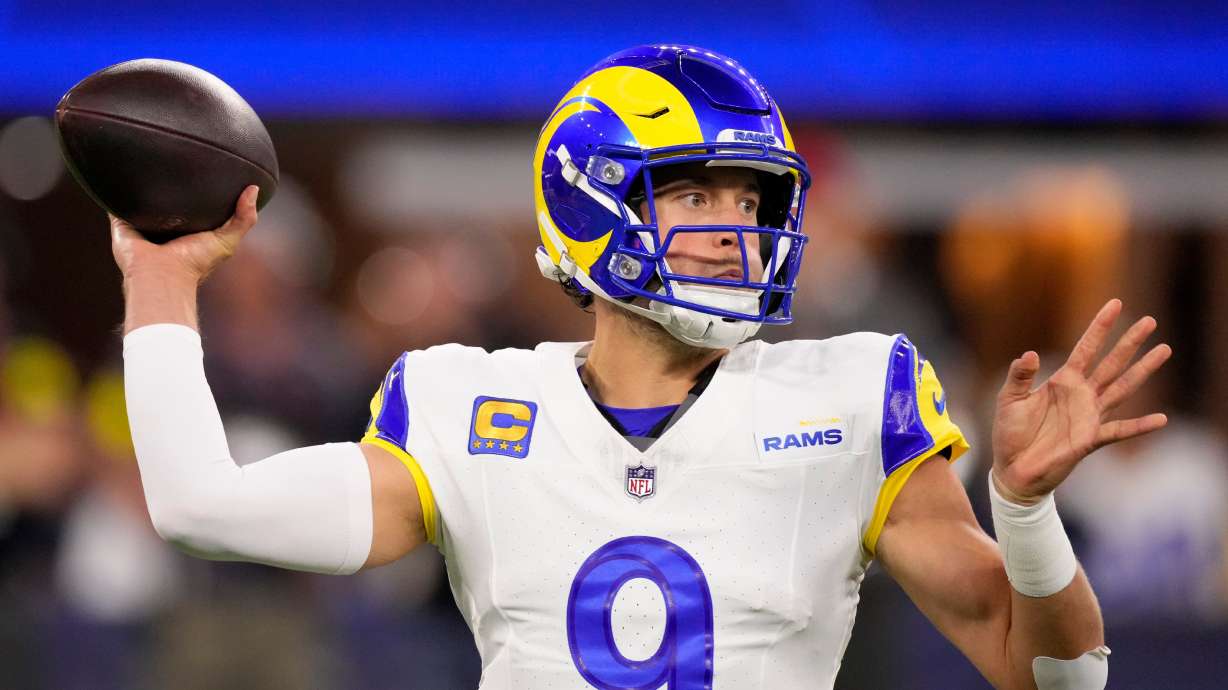 Los Angeles Rams quarterback Matthew Stafford passes against the Tampa Bay Buccaneers during the first half of an NFL football game, Sunday, Nov. 23, 2025, in Inglewood, Calif.