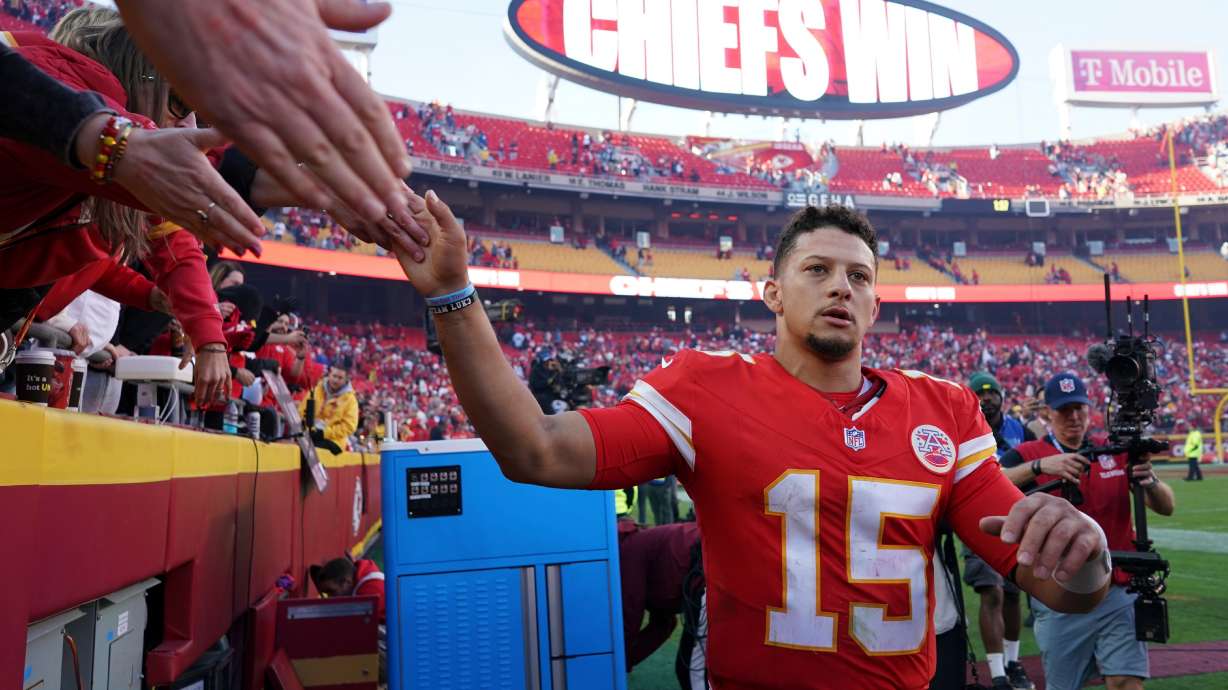 Kansas City Chiefs quarterback Patrick Mahomes (15) greets fans following an NFL football game against the Indianapolis Colts Sunday, Nov. 23, 2025, in Kansas City, Mo.