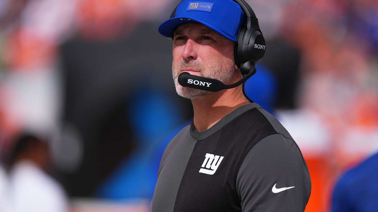 FILE - New York Giants defensive coordinator Shane Bowen looks on in the first half of an NFL football game Sunday, Oct. 19, 2025, in Denver.