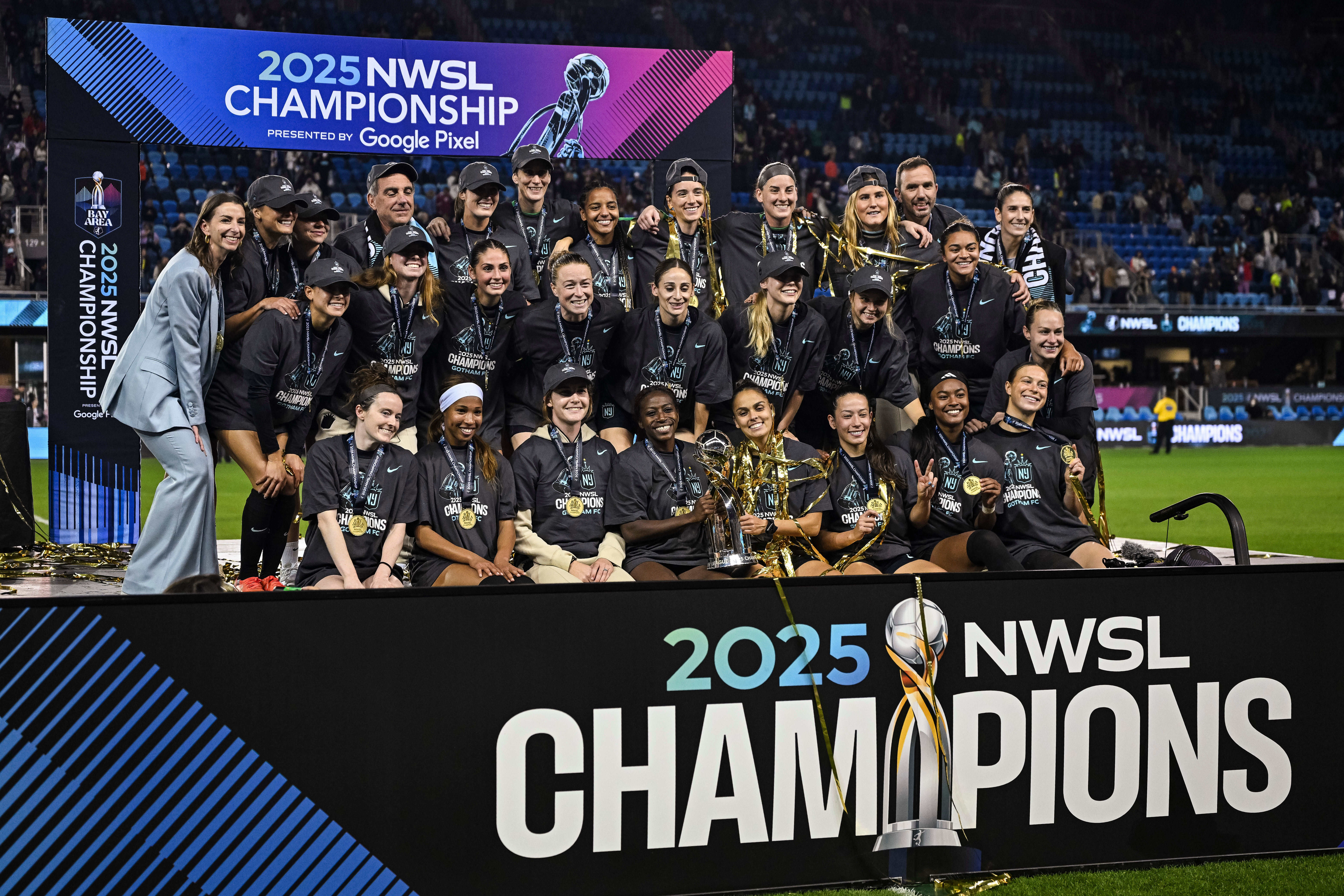 NJ/NY Gotham FC pose with the NWSL championship trophy after defeating the Washington Spirit in a NWSL women’s championship soccer match, Saturday, Nov. 22, 2025, in San Jose, Calif.
