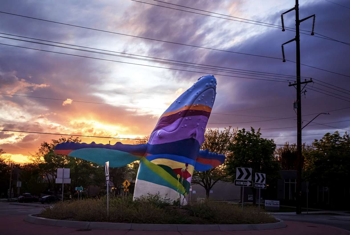 "Out of the Blue," a 23-foot sculpture of a whale, is pictured in Salt Lake City on May 6, 2024. It was a playful way to express the different colors visible during a Salt Lake City sunset.