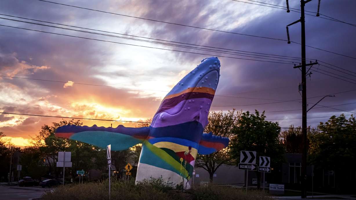 Out of the Blue, in Salt Lake City on May 6, 2024. Salt Lake City opened an application process on Monday for an artist to design a new mural for the 23-foot whale — the first time since the sculpture was installed in 2022.