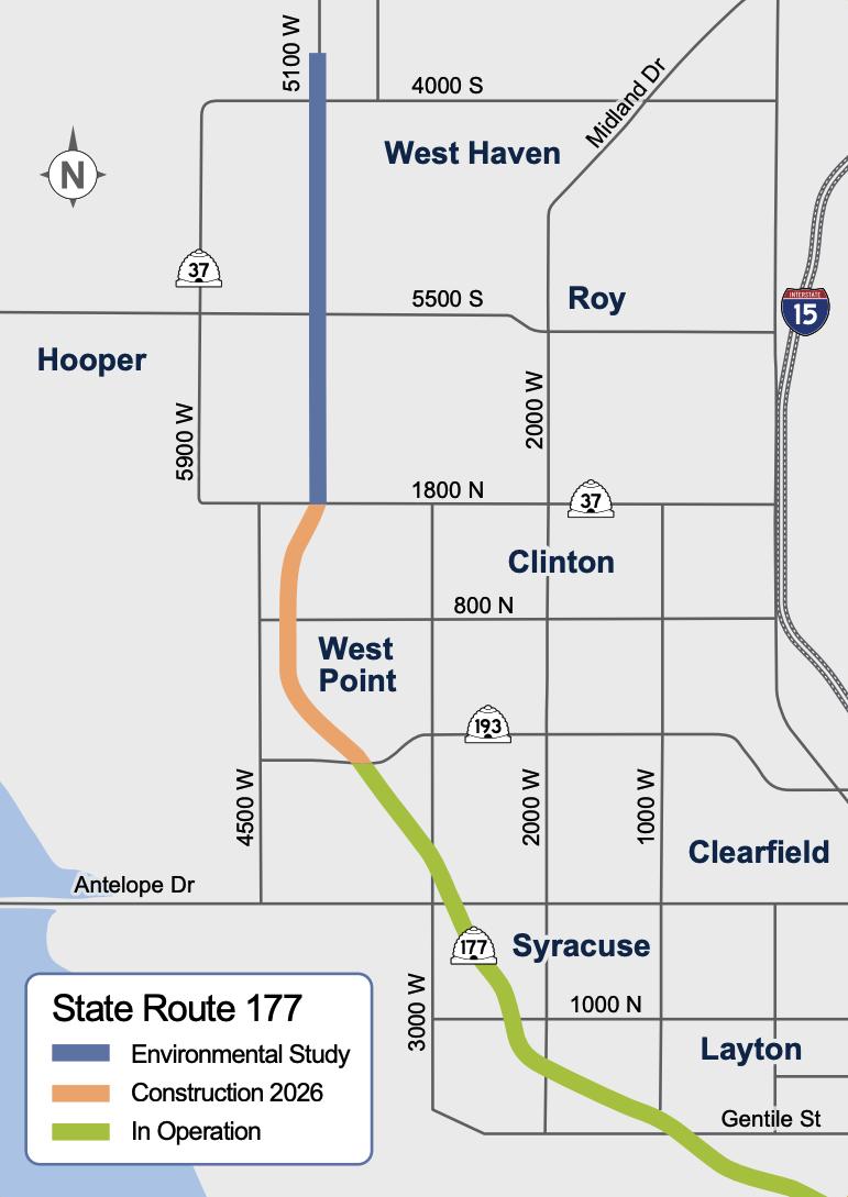The Utah Department of Transportation map shows the newest proposed section area of S.R. 177, which would extend from West Point in Davis County to West Haven in Weber County. The north-south limited-access roadway, known as the West Davis Corridor in Davis County, is meant in part to ease I-15 congestion.