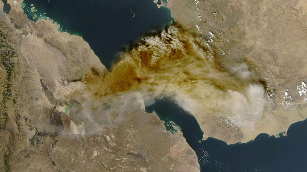 A satellite image shows ash rising from the eruption of the Hayli Gubbi volcano in Ethiopia as it drifts over the Red Sea, Sunday.