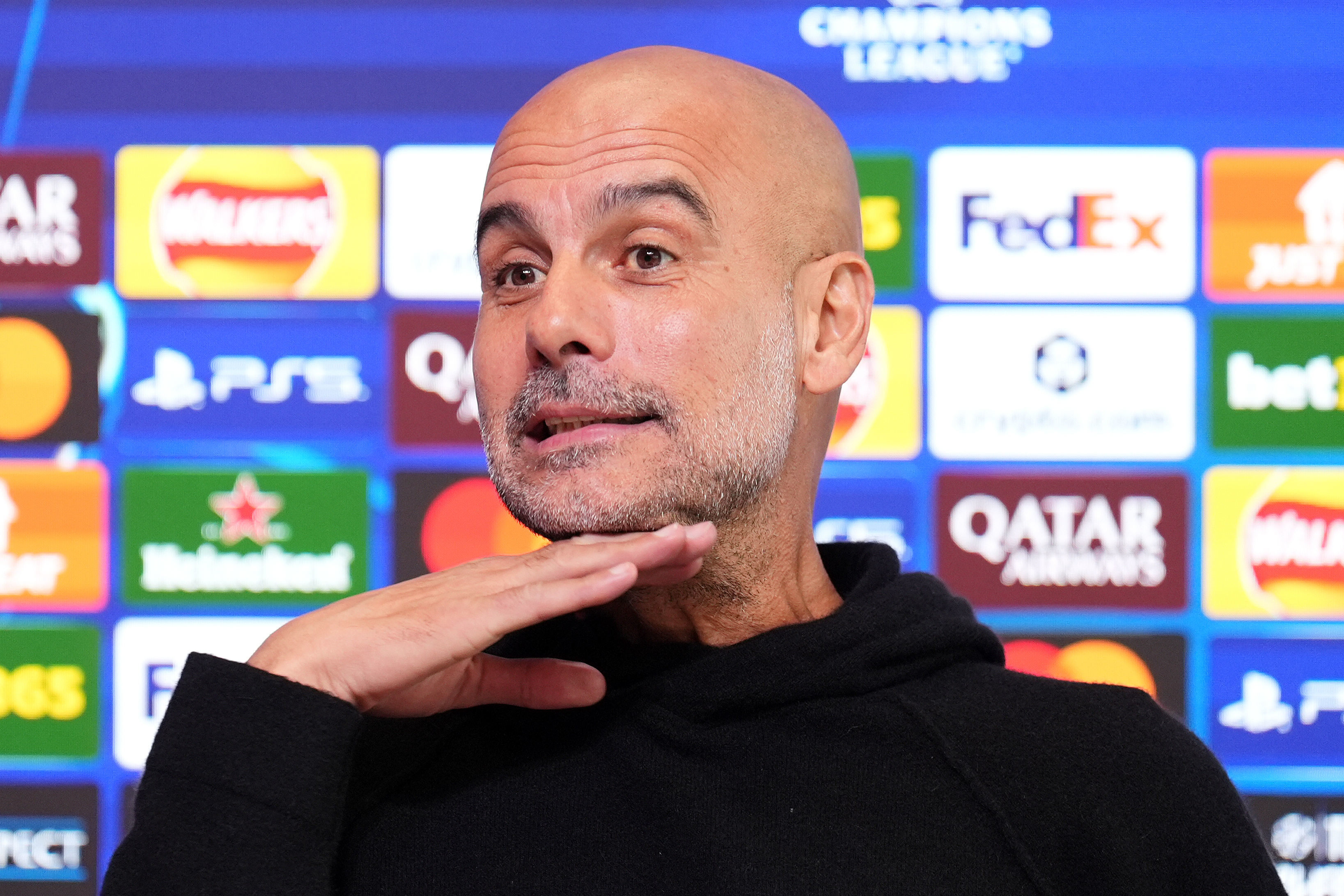Manchester City manager Pep Guardiola during a press conference in Manchester, England, Monday, Nov. 24, 2025. 