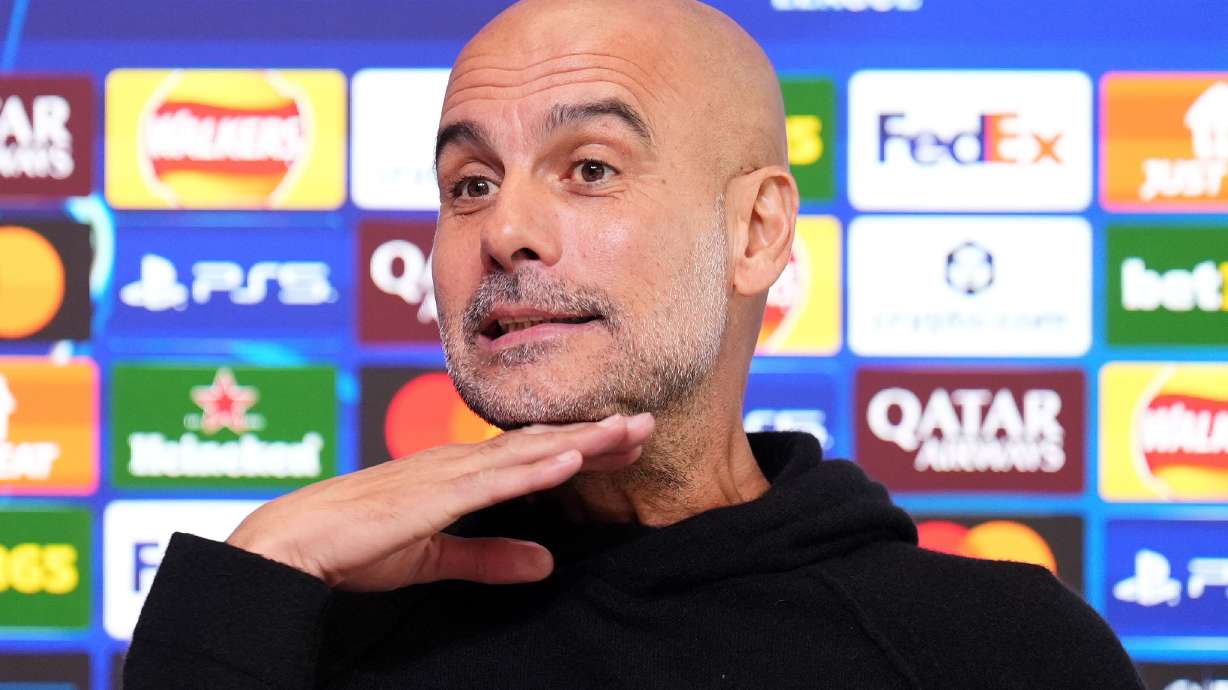 Manchester City manager Pep Guardiola during a press conference in Manchester, England, Monday, Nov. 24, 2025.