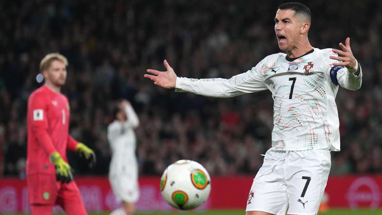 Portugal's Cristiano Ronaldo reacts during a World Cup 2026 group F qualifying soccer match between Ireland and Portugal in Dublin, Thursday, Nov. 13, 2025.
