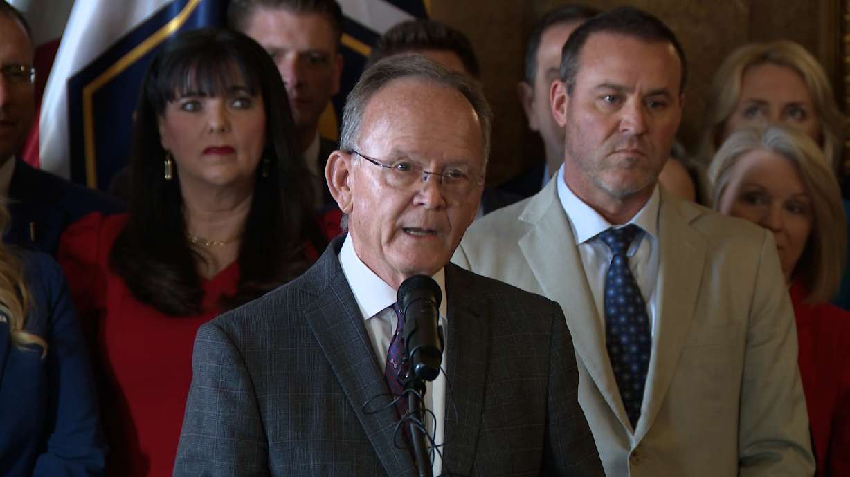 Utah Senate President Stuart Adams, R-Layton, left, and House Speaker Mike Schultz, R-Hooper, speak at the state Capitol on Tuesday about fighting a ruling adopting new congressional maps for next year's midterm elections.