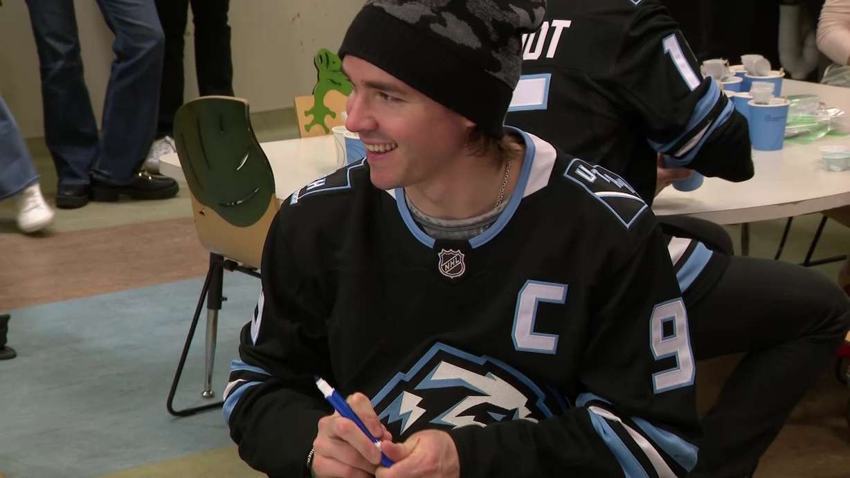 Utah Mammoth team member Clayton Keller is pictured visiting Intermountain Primary Children’s Hospital on Tuesday. Keller, who serves as the team captain, said giving back is part of the team's mission.