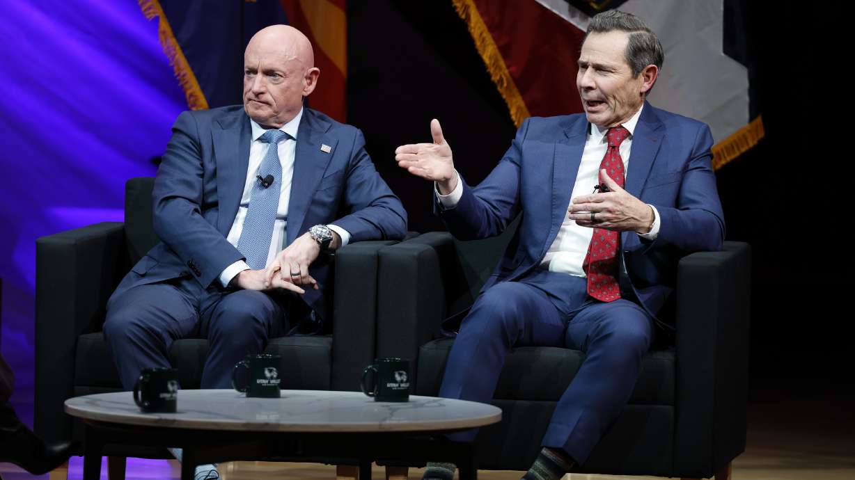 Arizona Sen. Mark Kelly and Utah Sen. John Curtis participate in a town hall at UVU in Orem on Nov. 12. Curtis, Kelly and Utah Rep. Mike Kennedy are sponsoring legislation to hold social platforms accountable for harms caused by algorithmic feeds.