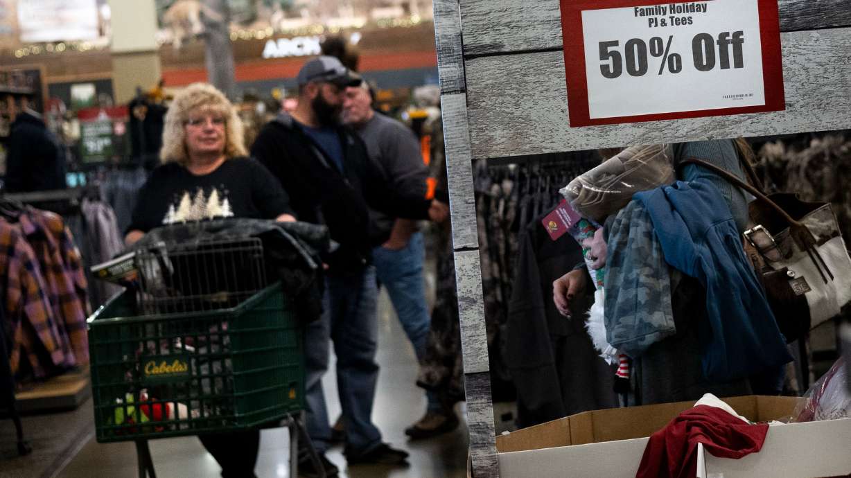 Sale signs are displayed at Cabela’s in Farmington on Nov. 29, 2024. Questions reign as to whether consumers should start shopping before or on Black Friday.