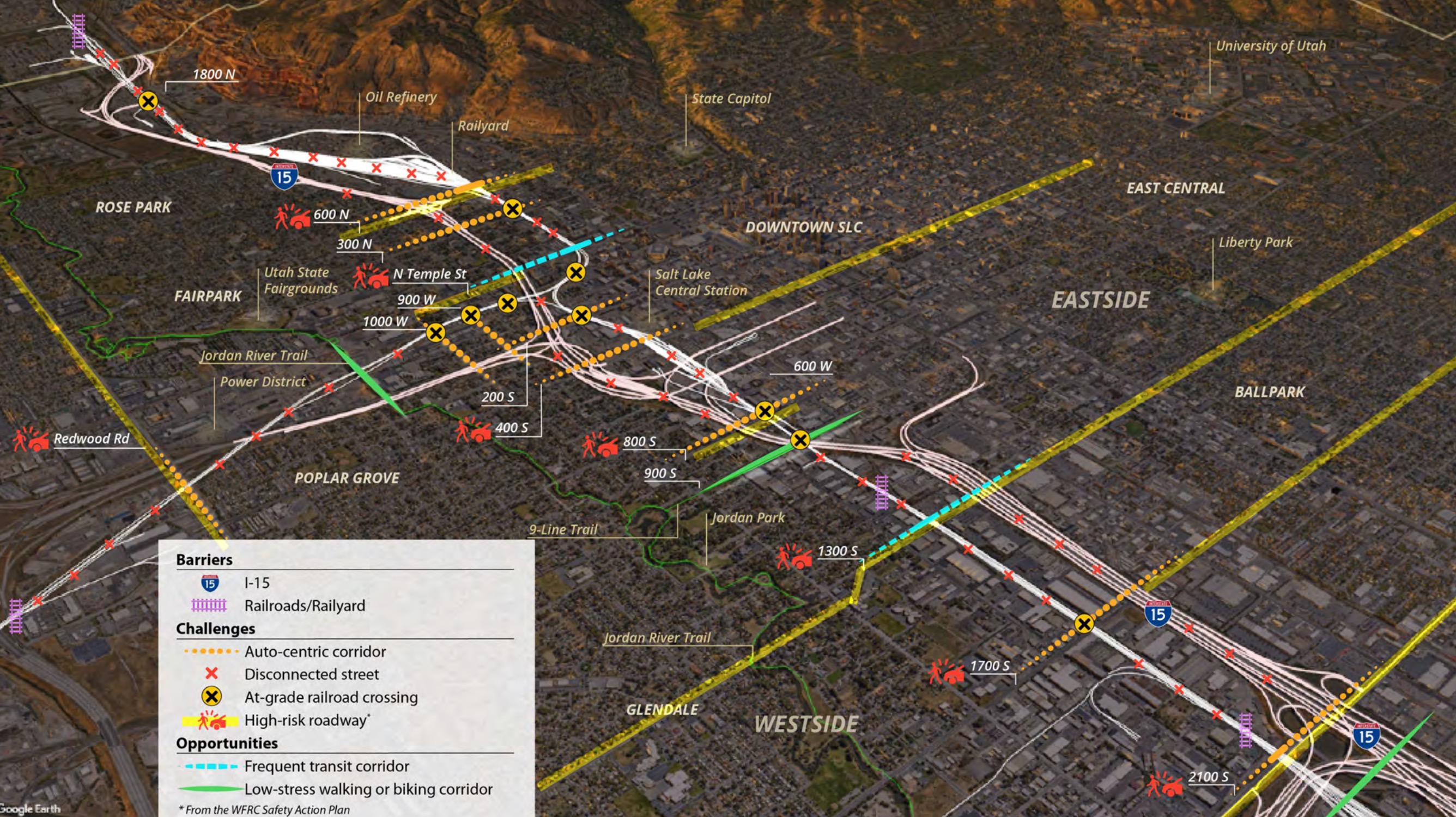 This map shows the transportation divisions in Salt Lake City, and the primary crossings over or under them. The divide dates back to the 1870s, when a railroad corridor was created.