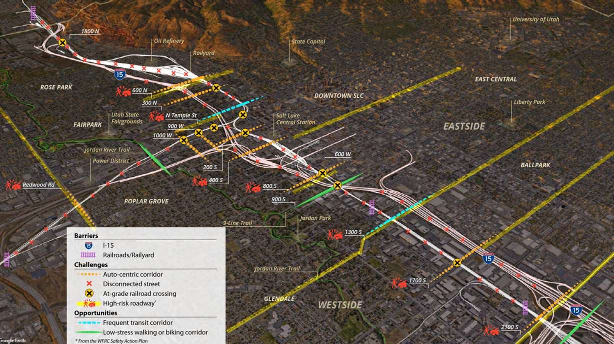 This map shows the transportation divisions in Salt Lake City, and the primary crossings over or under them. The divide dates back to the 1870s, when a railroad corridor was created.