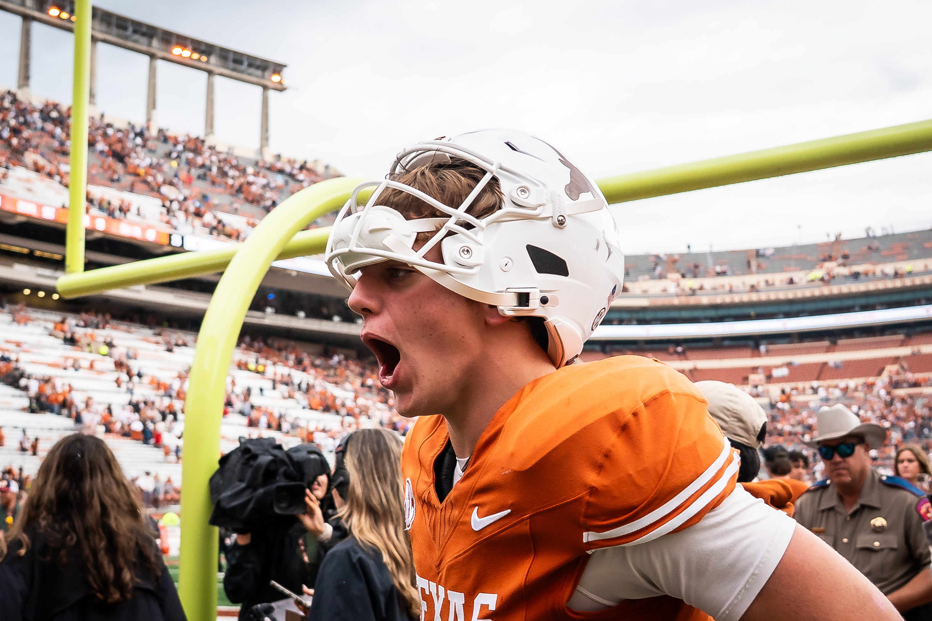 Texas Longhorns quarterback Arch Manning (16) celebrates the team's win over Vanderbilt during an NCAA college football game in Austin, Texas, Saturday, Nov. 1, 2025. 