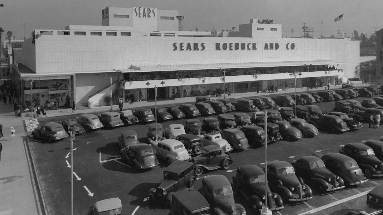 A view of the parking lot of a Sears and Roebuck department store in the late 1930's on Pico Boulevard in Los Angeles.