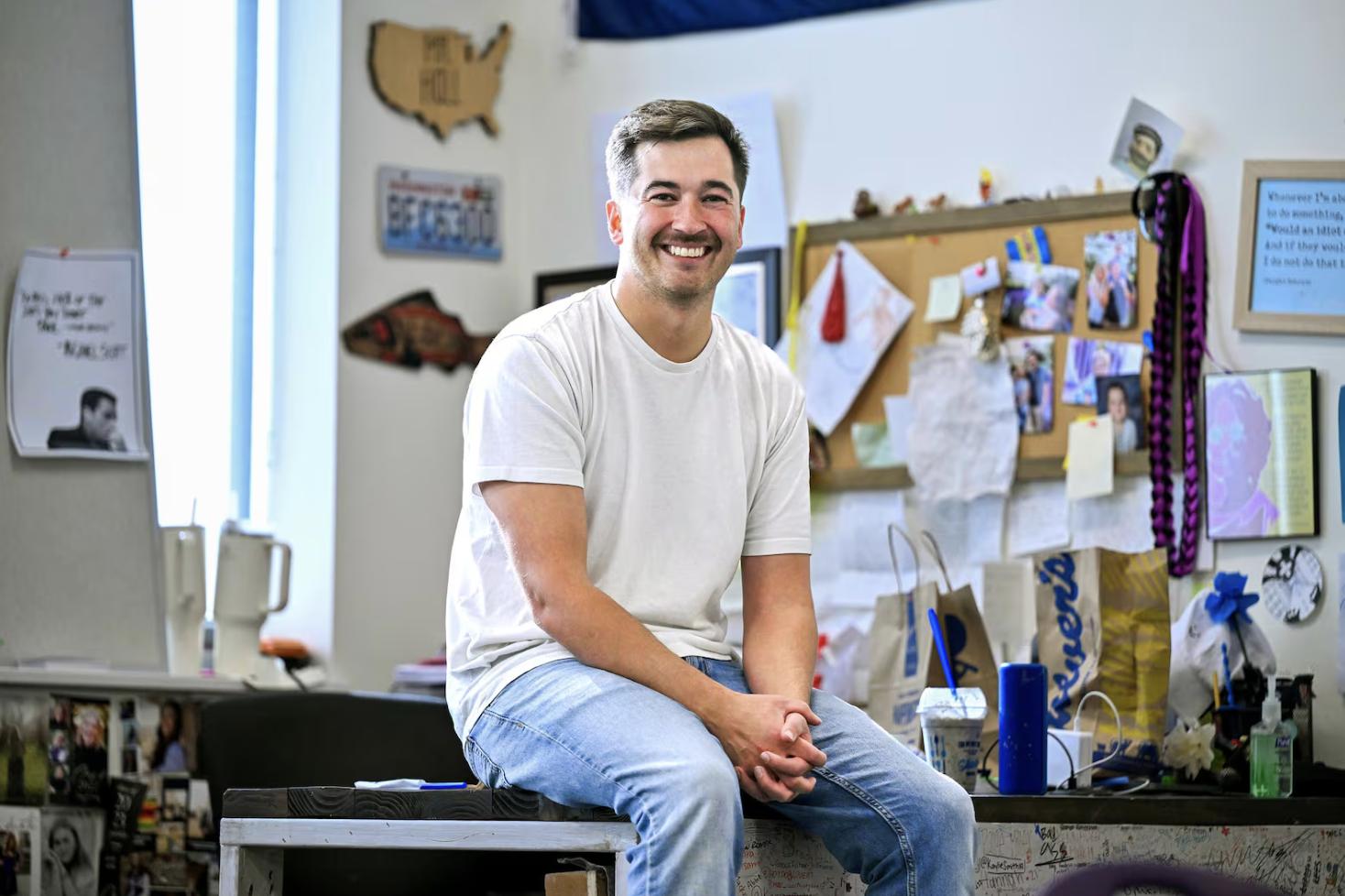 Lehi High School social studies teacher Joey Hall records a video while on a lunch break at school in Lehi on Nov. 18. Hall has amassed 2.2 million followers on TikTok doing food reviews.