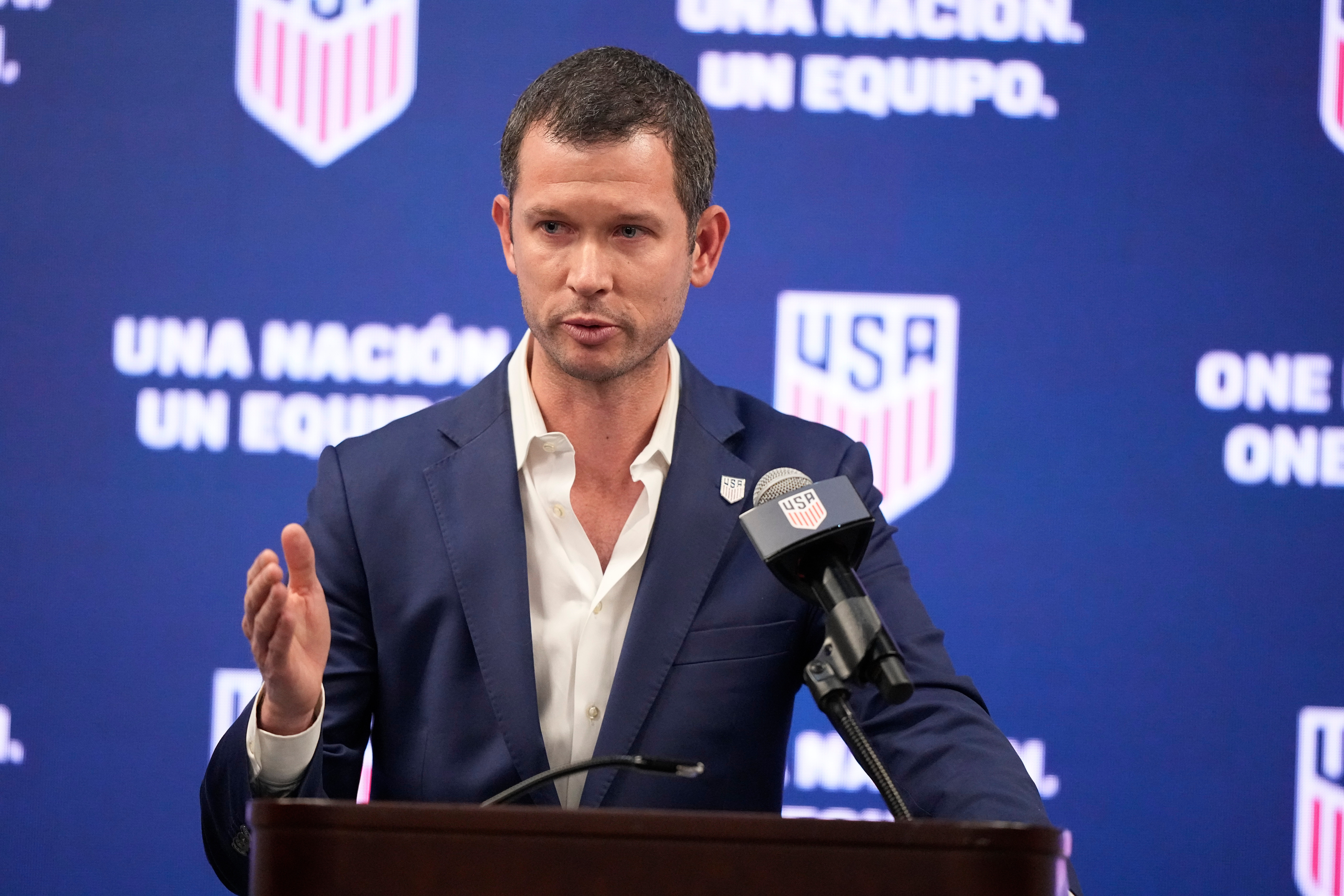 FILE - JT Batson, CEO of U.S. Soccer, speaks during a news conference, Sept. 16, 2023, in Atlanta. 
