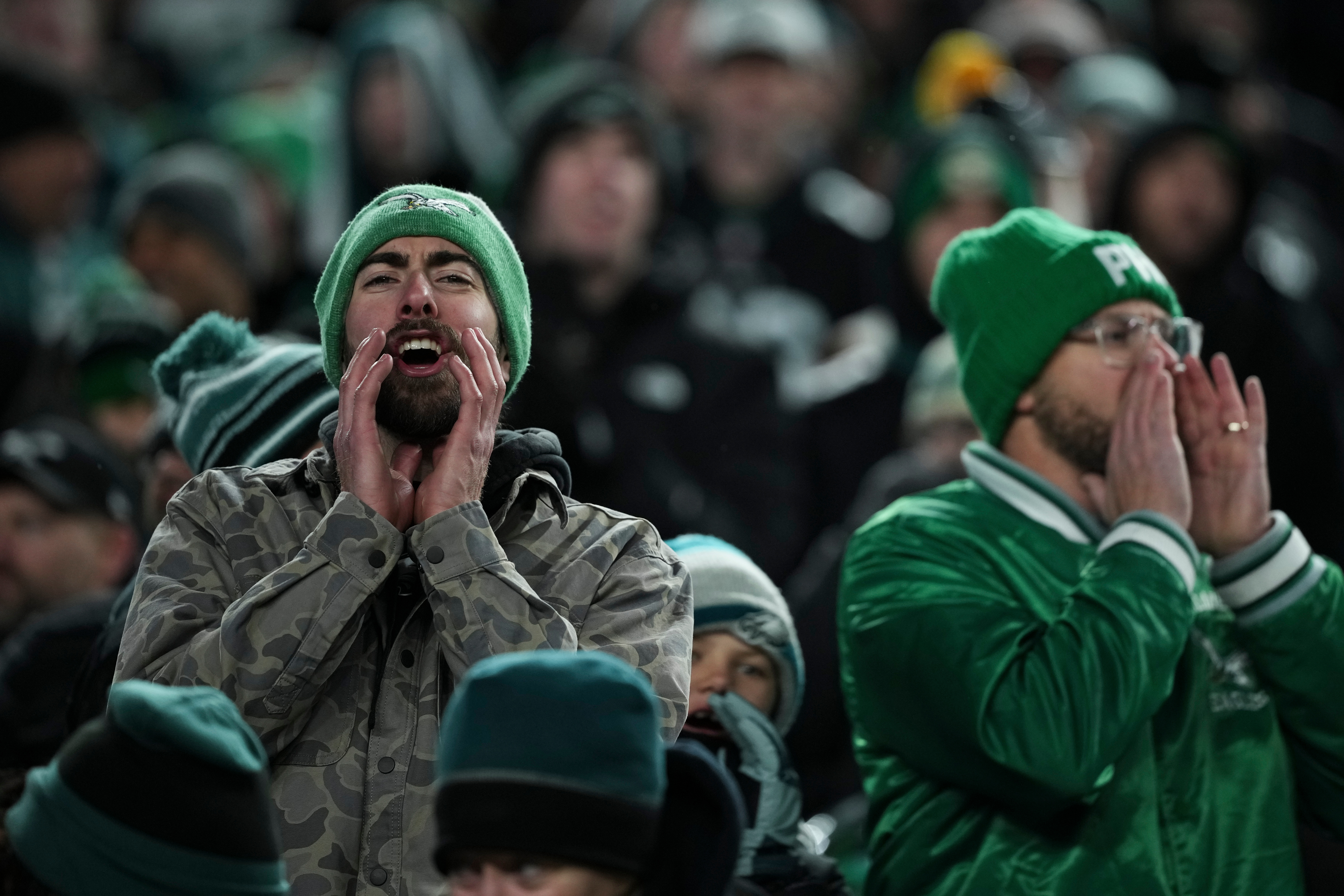Philadelphia Eagles fans react negatively during the second half of an NFL football game against the Chicago Bears, Friday, Nov. 28, 2025, in Philadelphia. 