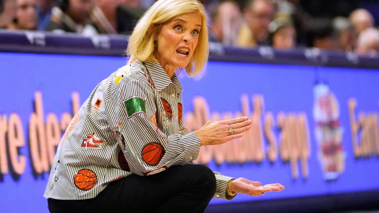 LSU head coach Kim Mulkey calls out from the bench in the first half an NCAA college basketball game against Alcorn State in Baton Rouge, La., Thursday, Nov. 20, 2025.