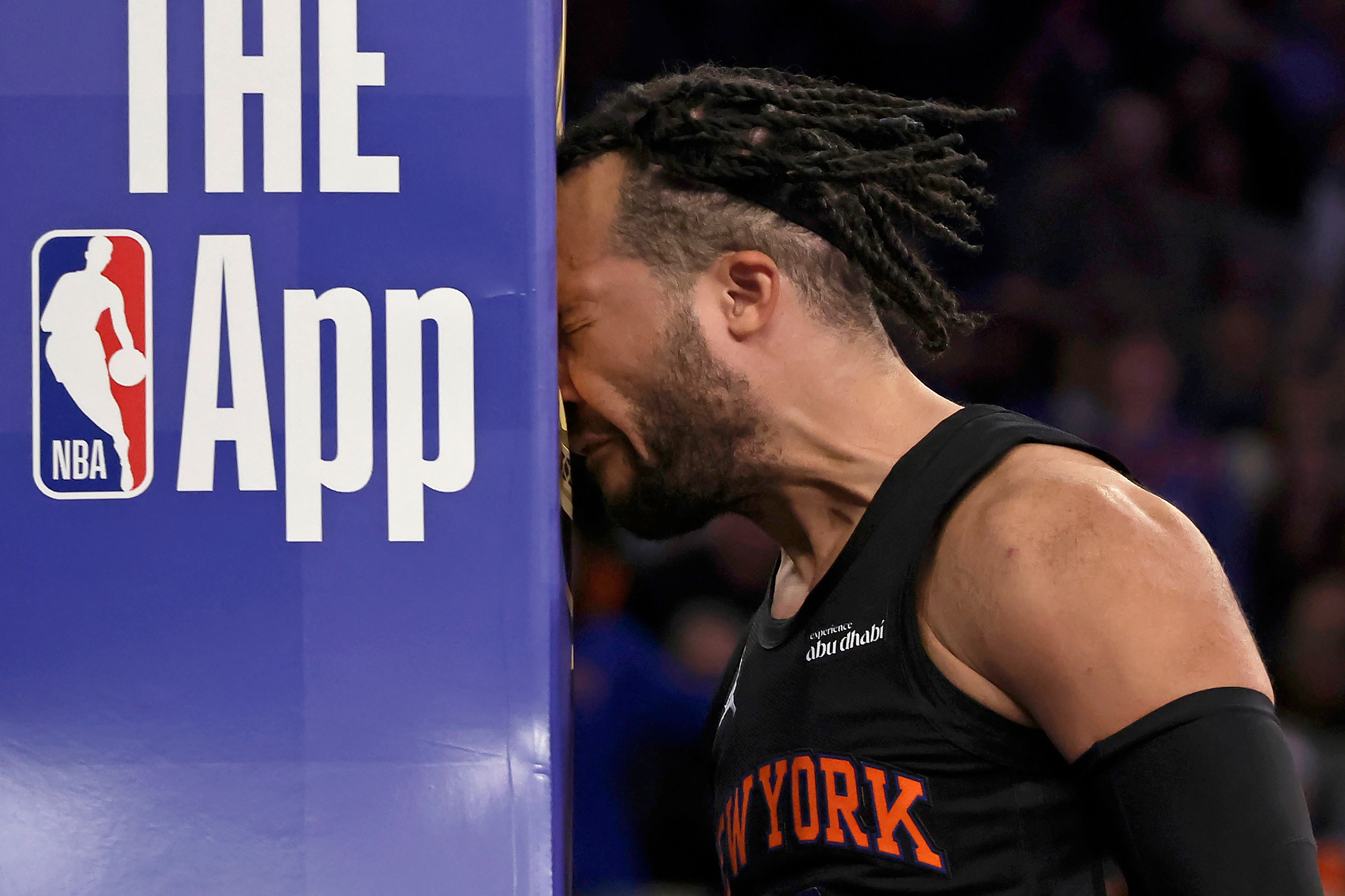 New York Knicks guard Jalen Brunson reacts after being fouled during the second half of an NBA Cup basketball game against the Milwaukee Bucks, Friday, Nov. 28, 2025, in New York.