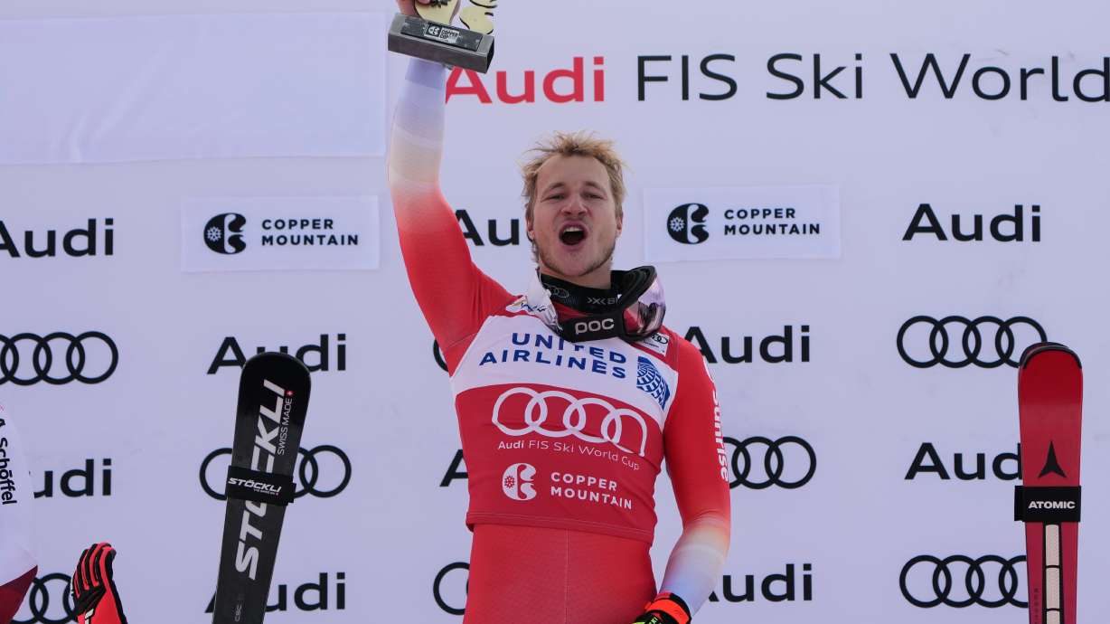 Switzerland's Marco Odermatt celebrates after winning a World Cup men's super-G skiing race, Thursday, Nov. 27, 2025, in Copper Mountain.