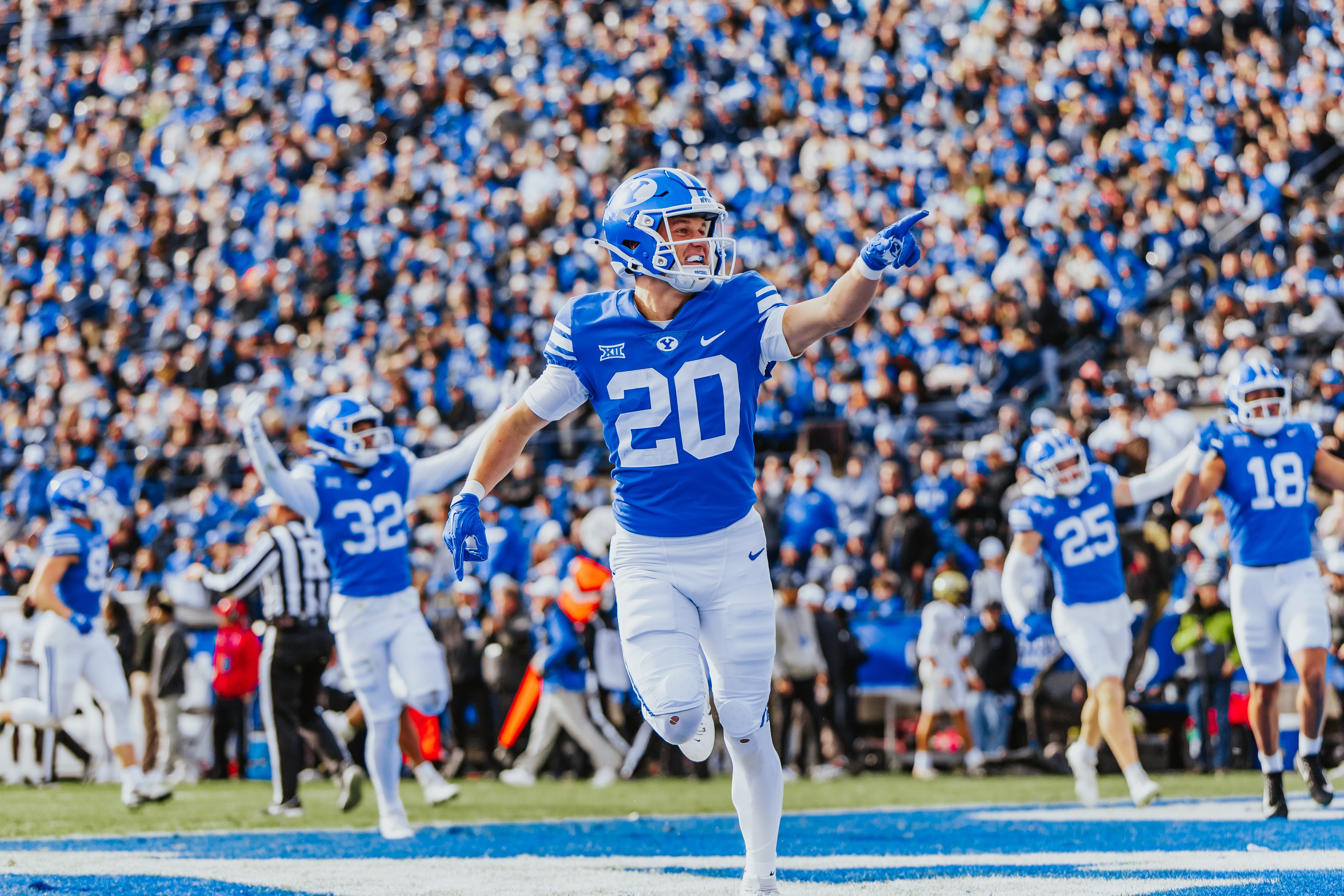 BYU's Cannon DeVries (20) celebrates a play during a Big 12 football game against UCF, Saturday, Nov. 29, 2025 at LaVell Edwards Stadium in Provo, Utah.