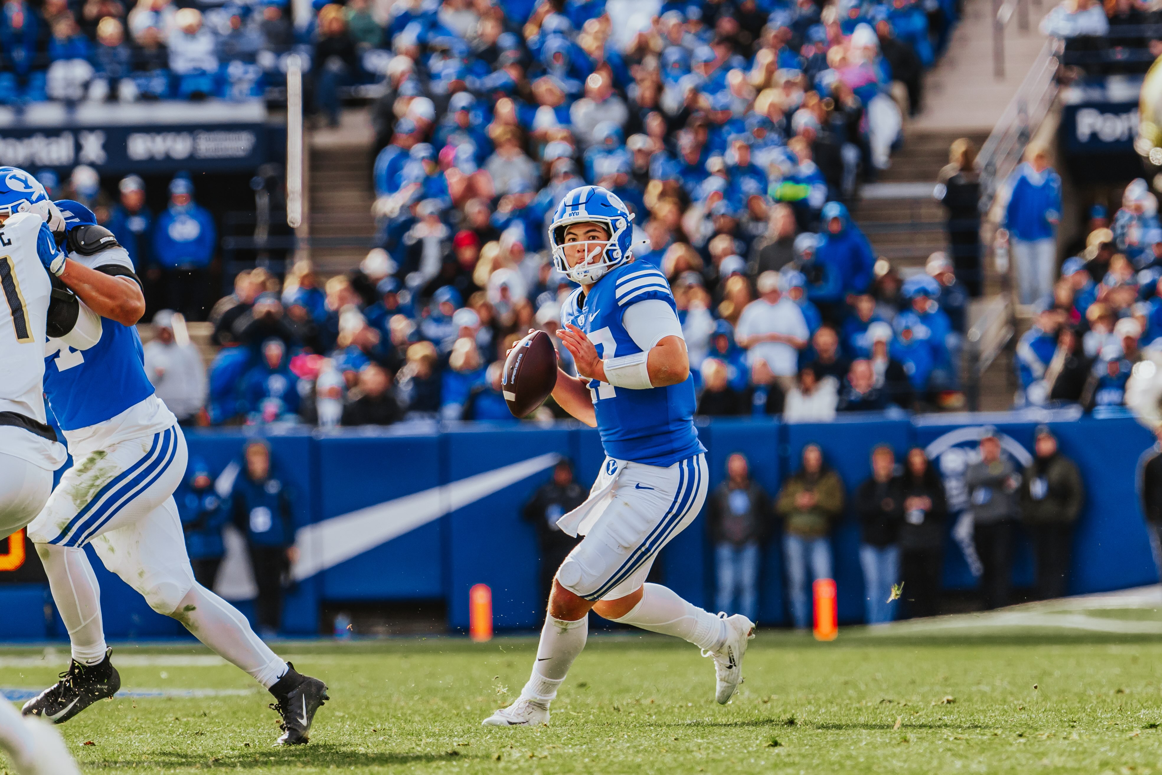BYU quarterback Bear Bachmeier attempts a pass during a Big 12 football game against UCF, Saturday, Nov. 29, 2025 at LaVell Edwards Stadium in Provo, Utah.