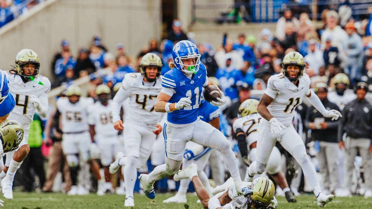 BYU's Parker Kingston runs for a touchdown during a Big 12 football game against UCF, Saturday, Nov. 29, 2025 at LaVell Edwards Stadium in Provo, Utah.
